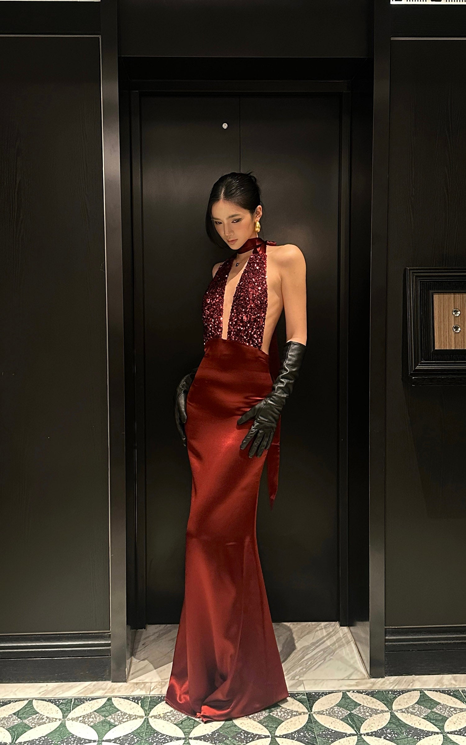 ROVENTE Deep V Halter Sequin Open-Back Maxi Dress