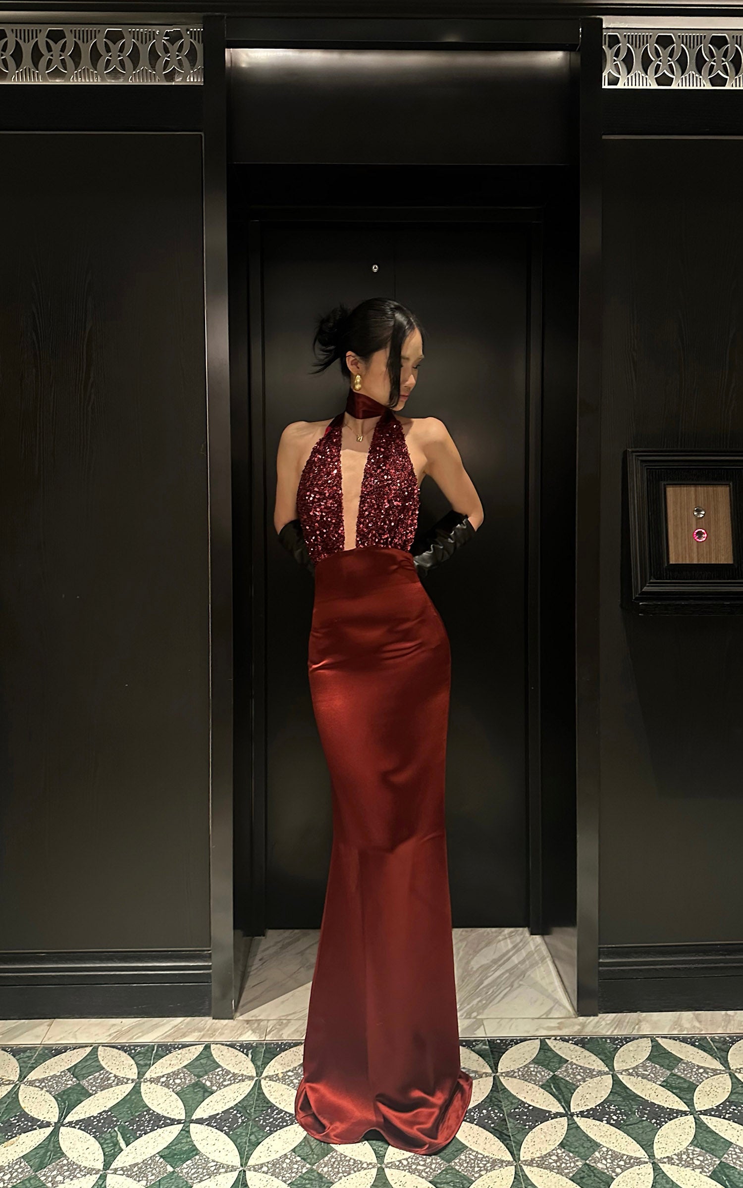 ROVENTE Deep V Halter Sequin Open-Back Maxi Dress