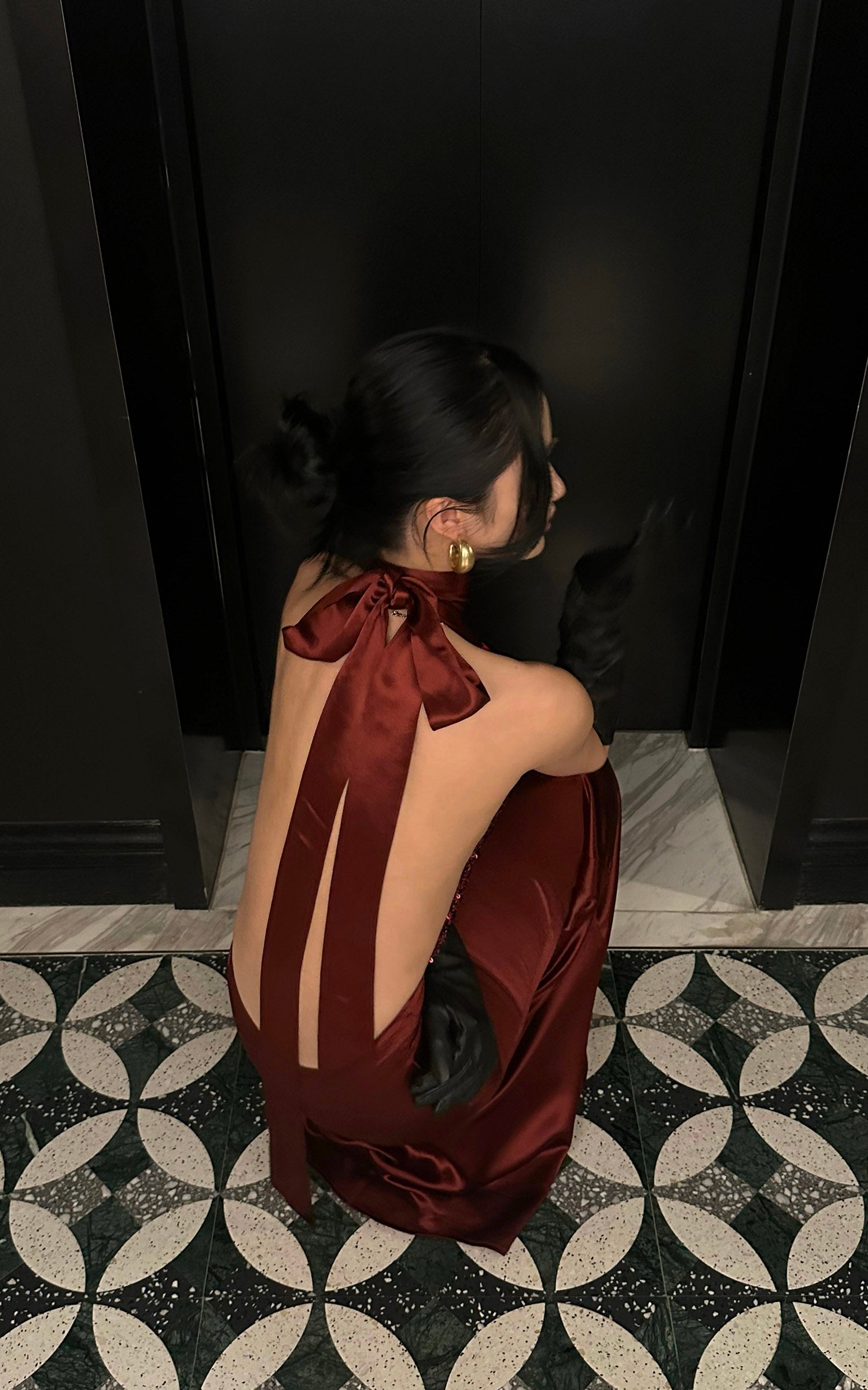 ROVENTE Deep V Halter Sequin Open-Back Maxi Dress