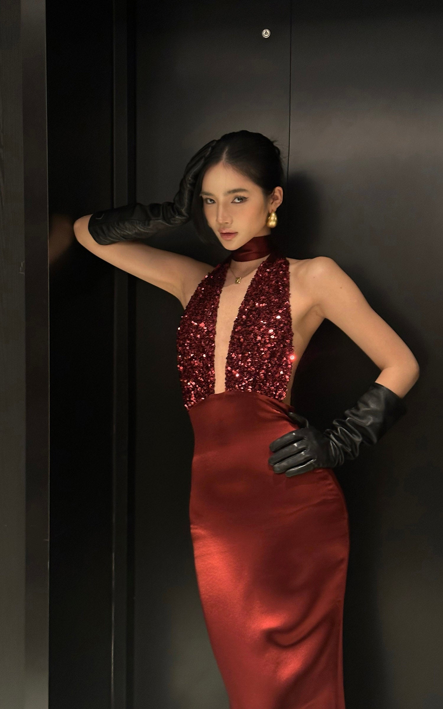 ROVENTE Deep V Halter Sequin Open-Back Maxi Dress