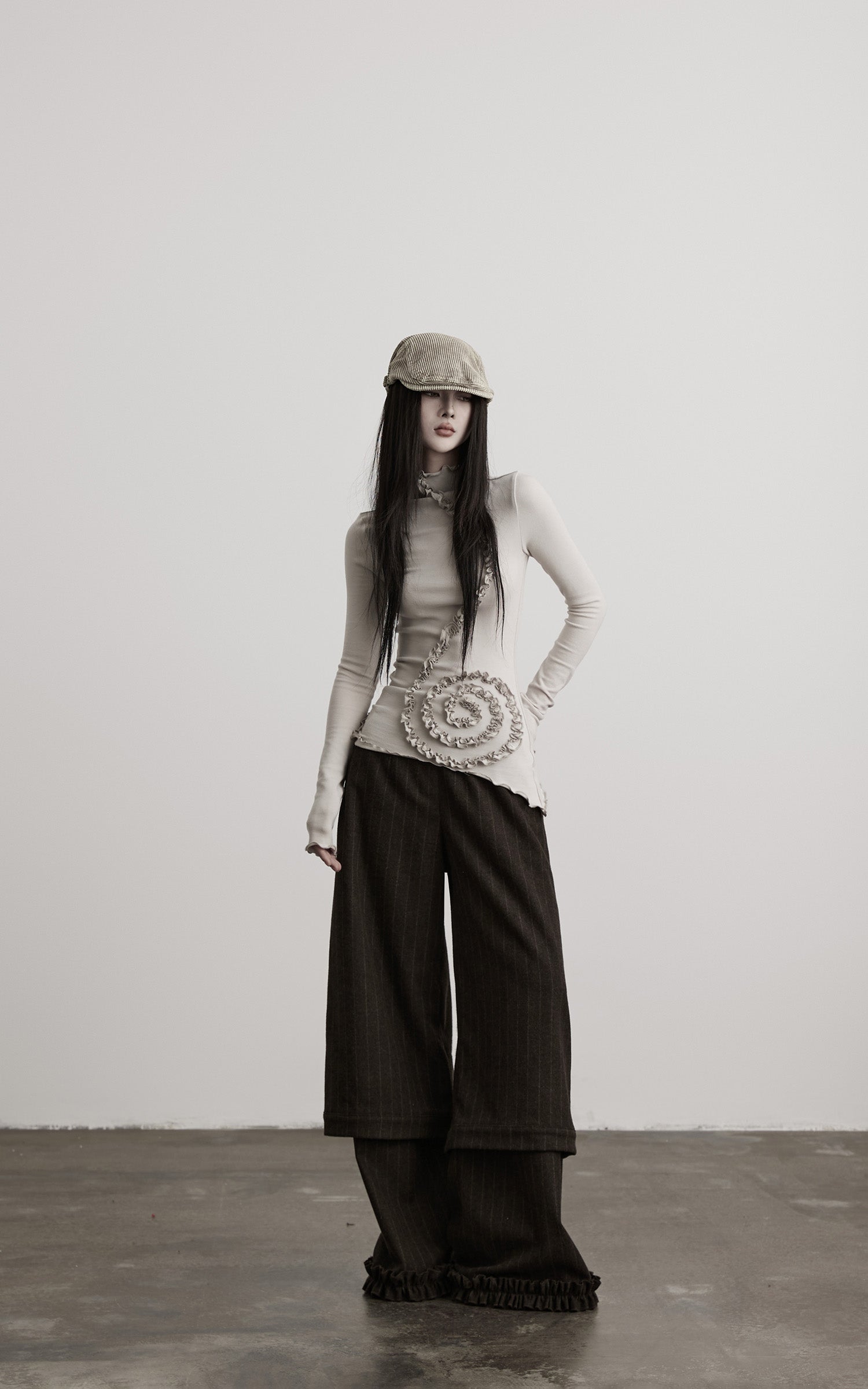 DOINDULGE Asymmetric Ruched High-Neck Long Sleeve Tee