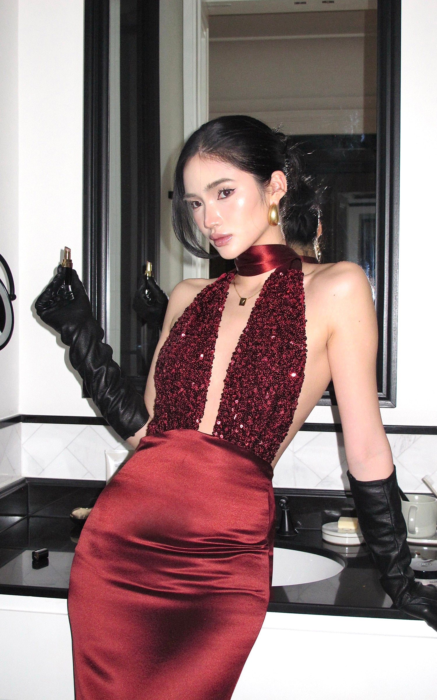 ROVENTE Deep V Halter Sequin Open-Back Maxi Dress