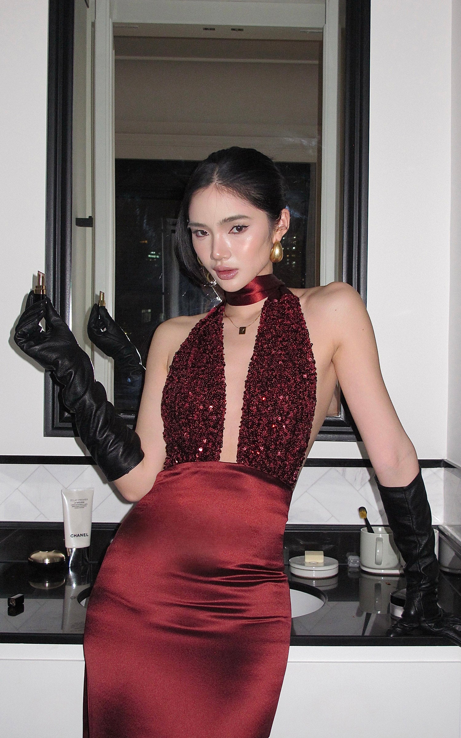 ROVENTE Deep V Halter Sequin Open-Back Maxi Dress