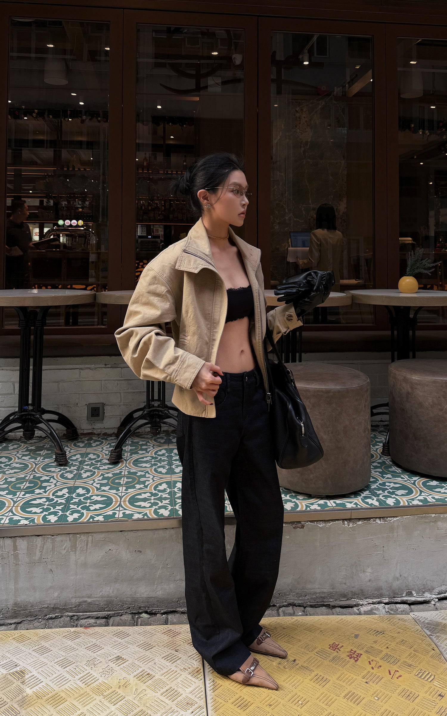 Hydrae Cropped Jacket &amp; Lace Trim Strap Top Set Structured Zip-Up Outerwear Two Piece Outfit