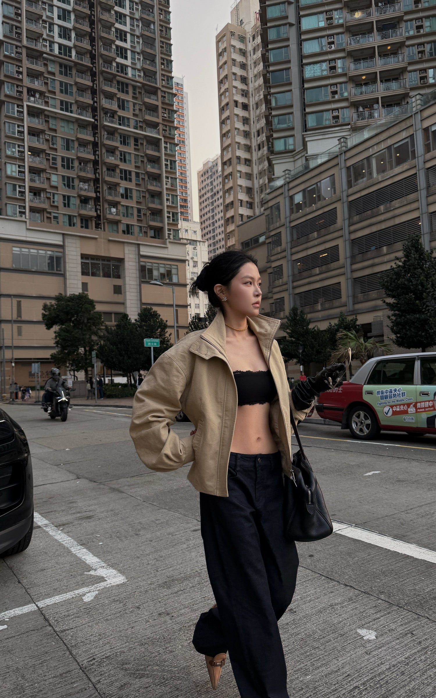 Hydrae Cropped Jacket &amp; Lace Trim Strap Top Set Structured Zip-Up Outerwear Two Piece Outfit