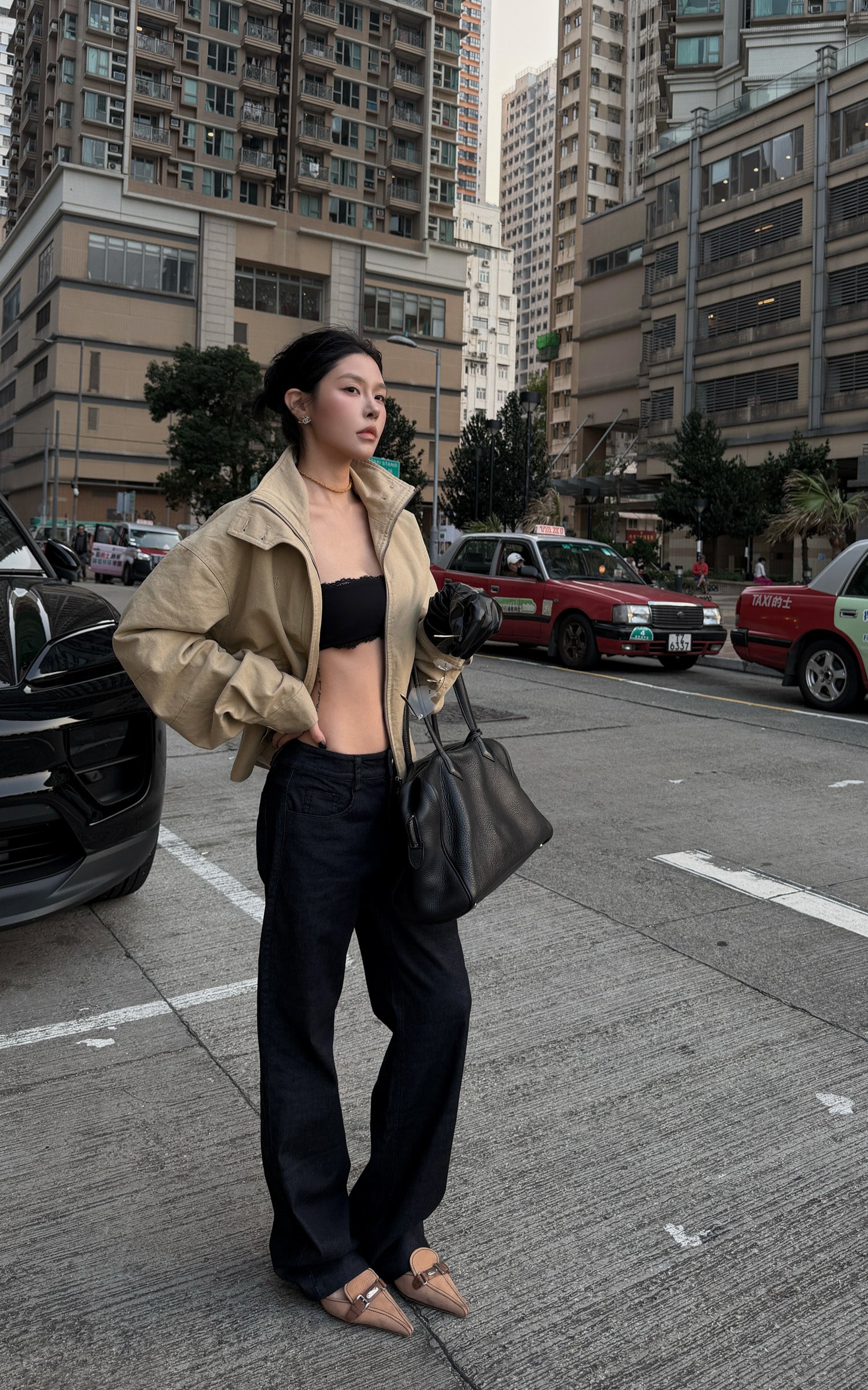 Hydrae Cropped Jacket &amp; Lace Trim Strap Top Set Structured Zip-Up Outerwear Two Piece Outfit