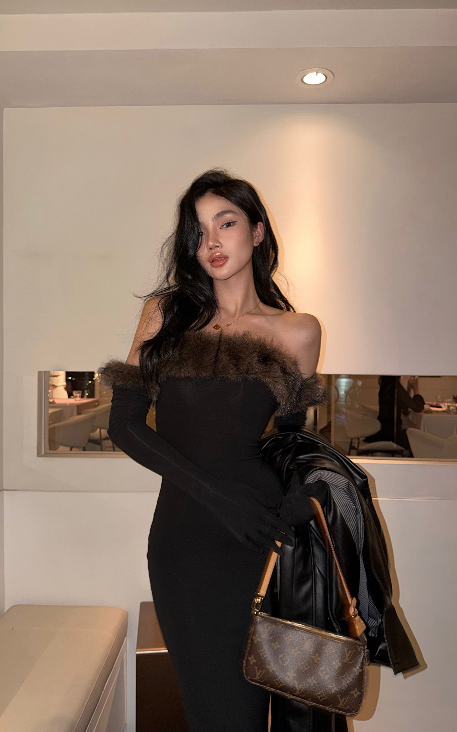 ROVENTE Faux Fur Off-Shoulder Long Dress