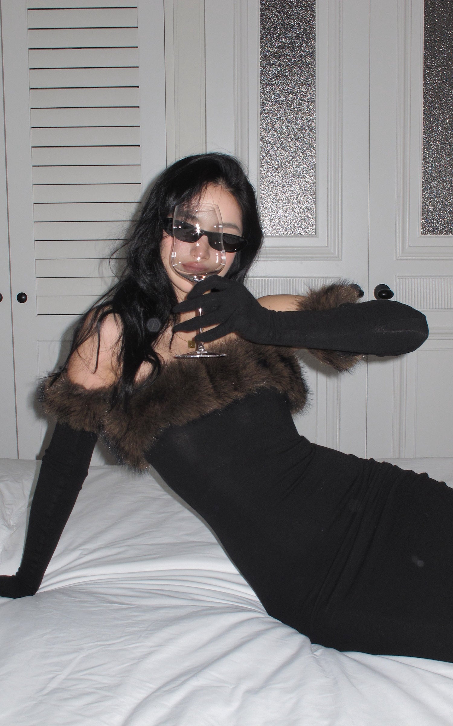 ROVENTE Faux Fur Off-Shoulder Long Dress