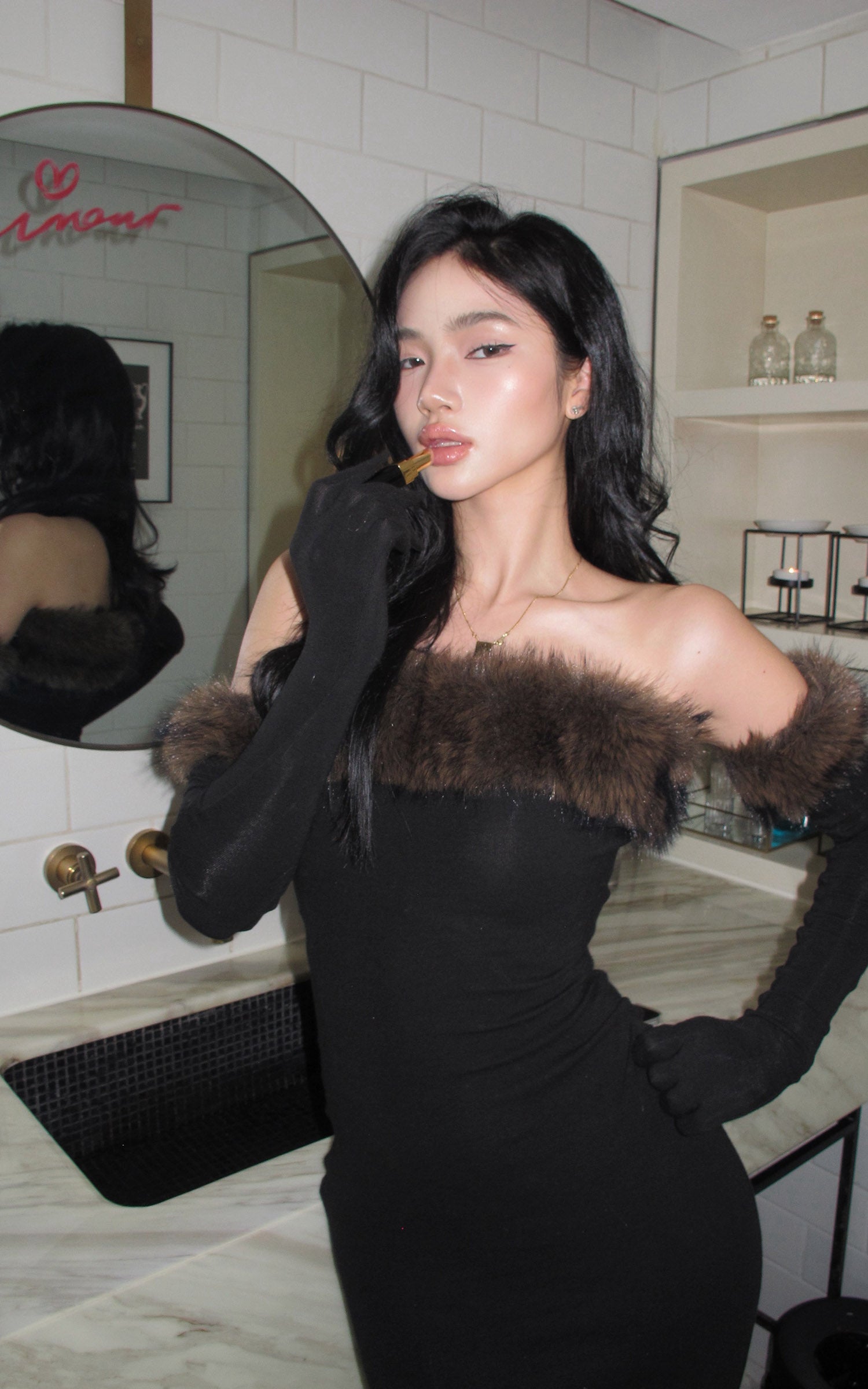 ROVENTE Faux Fur Off-Shoulder Long Dress
