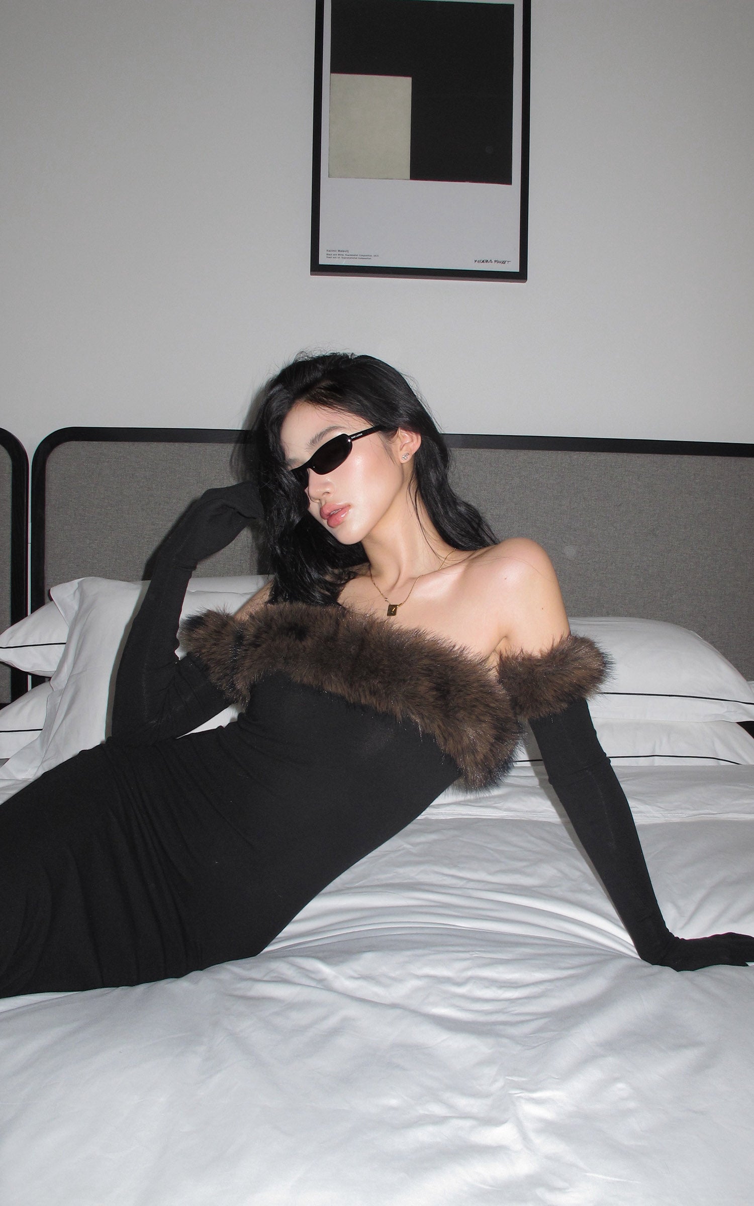 ROVENTE Faux Fur Off-Shoulder Long Dress