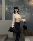 Hydrae Lace Ruffle Cropped Blouse High Neck Sheer Long Sleeve Top