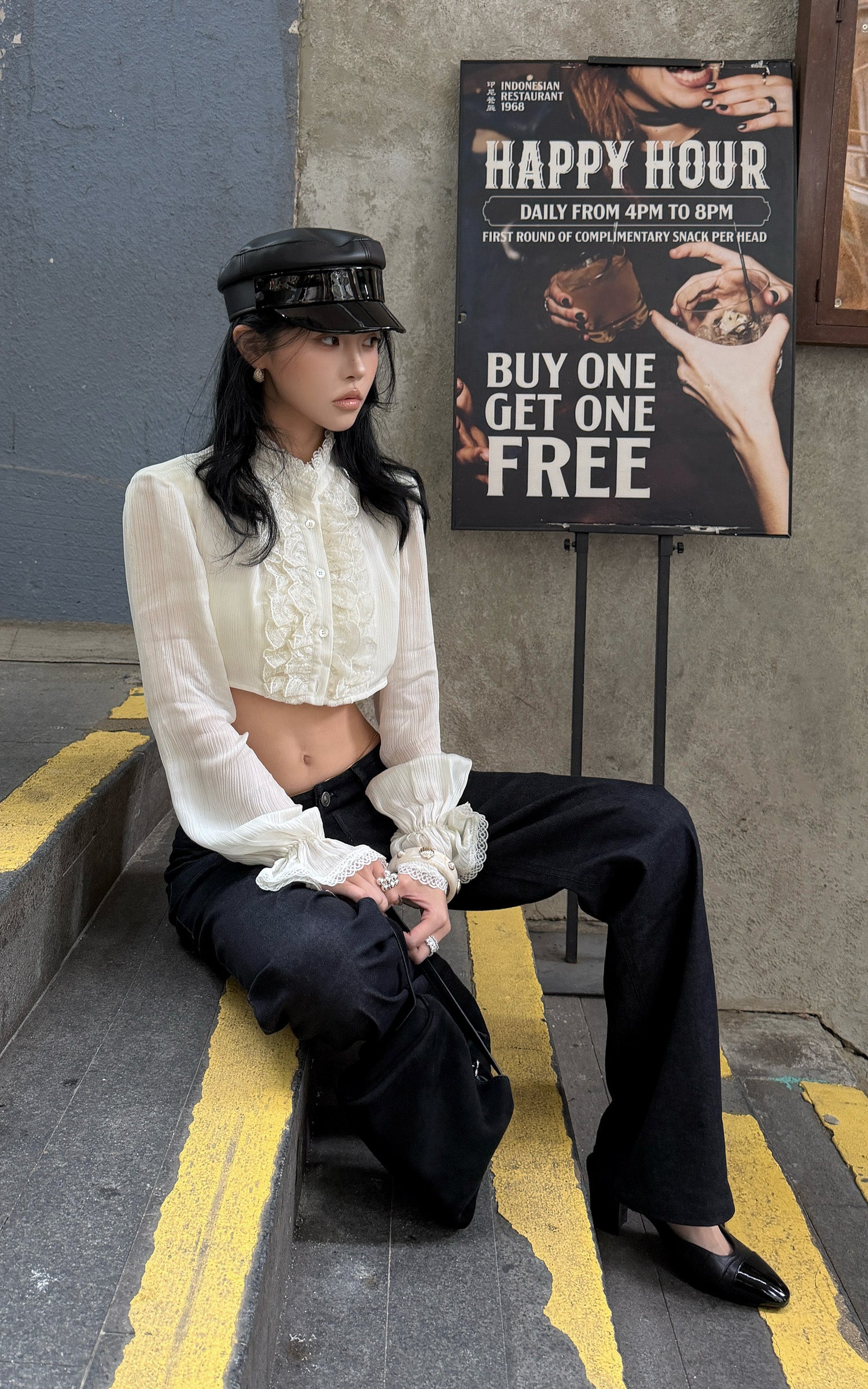 Hydrae Lace Ruffle Cropped Blouse High Neck Sheer Long Sleeve Top