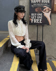 Hydrae Lace Ruffle Cropped Blouse High Neck Sheer Long Sleeve Top