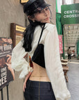 Hydrae Lace Ruffle Cropped Blouse High Neck Sheer Long Sleeve Top