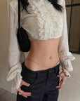 Hydrae Lace Ruffle Cropped Blouse High Neck Sheer Long Sleeve Top