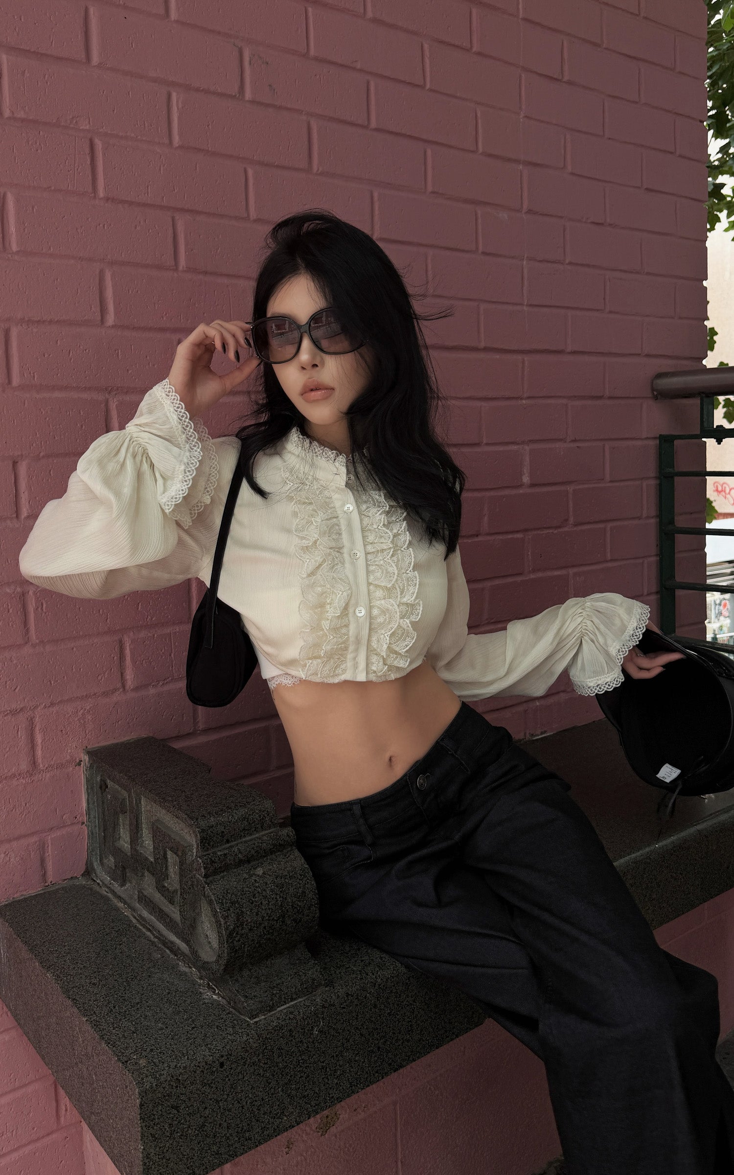 Hydrae Lace Ruffle Cropped Blouse High Neck Sheer Long Sleeve Top