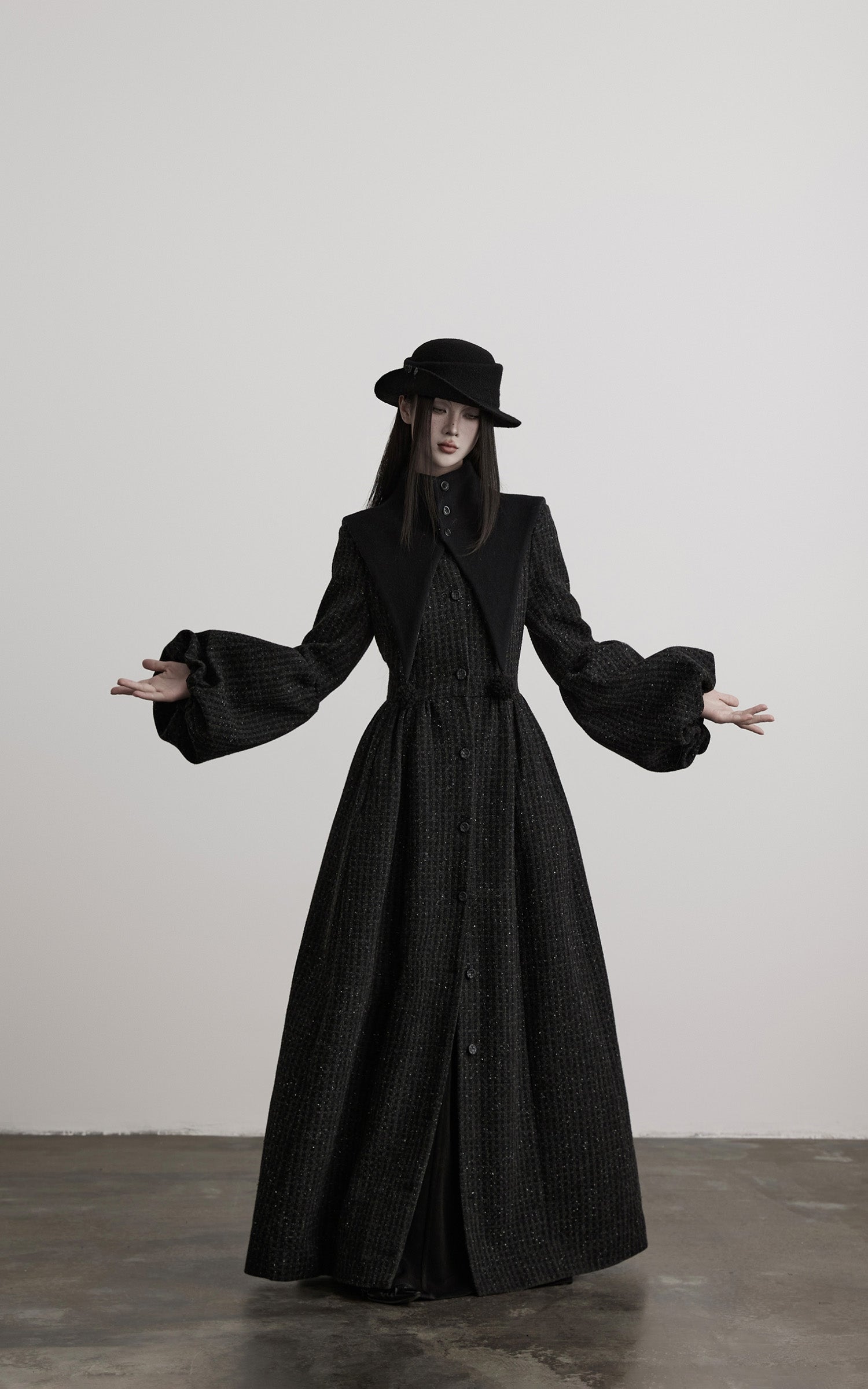 DOINDULGE Deconstructed High-Neck Balloon Sleeve Long Coat