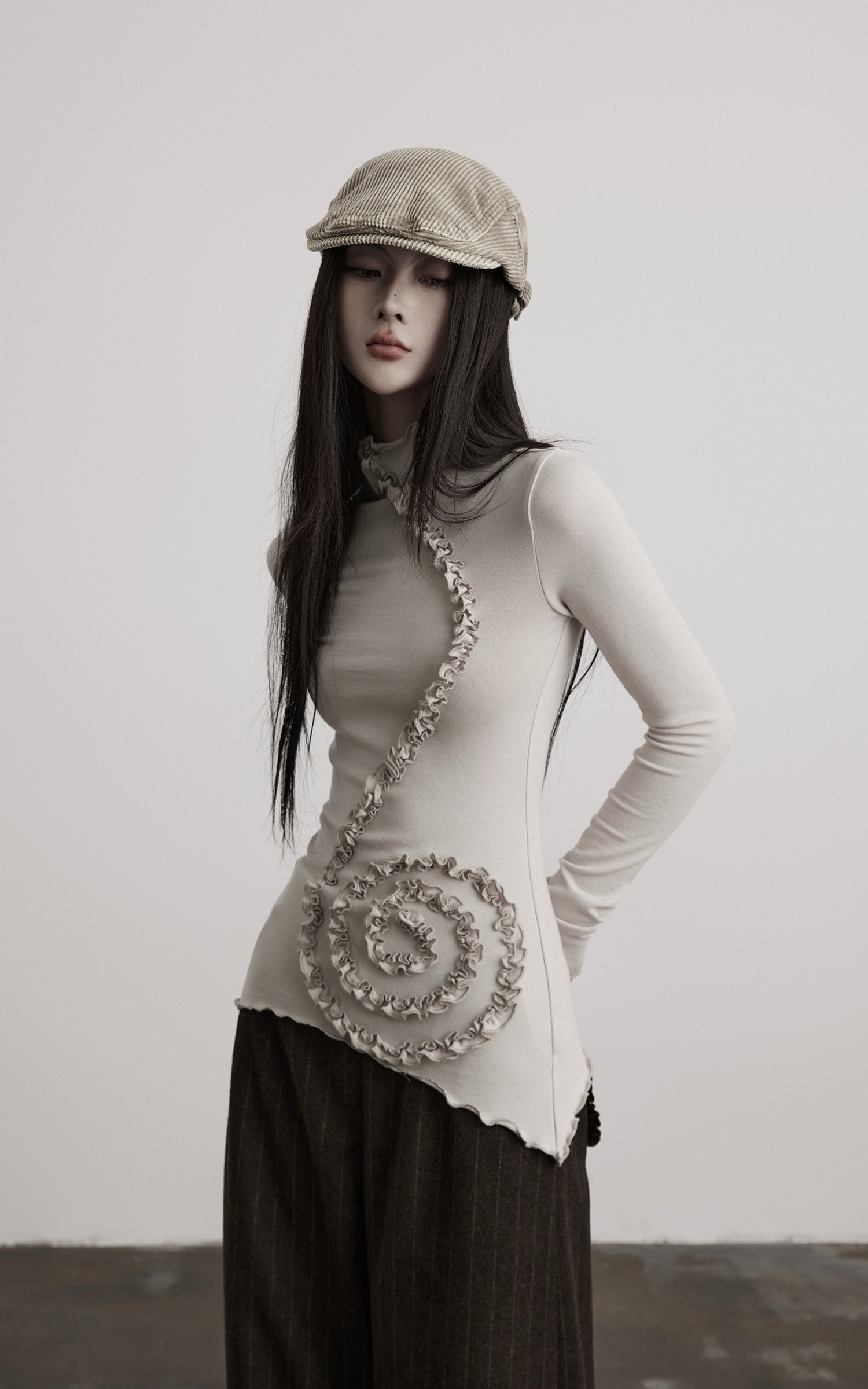 DOINDULGE Asymmetric Ruched High-Neck Long Sleeve Tee