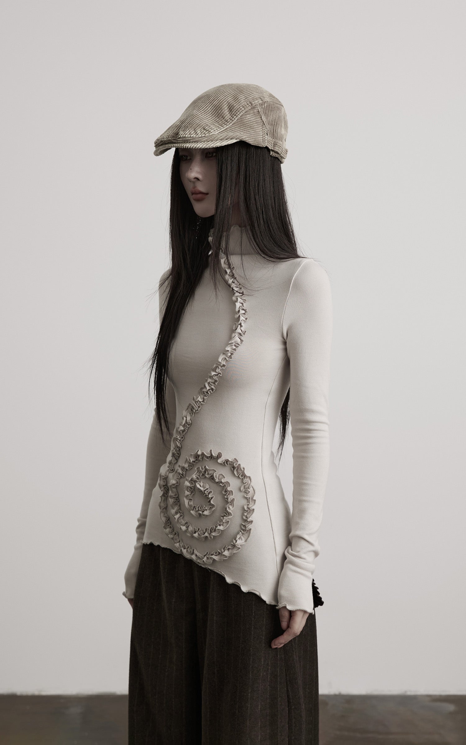 DOINDULGE Asymmetric Ruched High-Neck Long Sleeve Tee