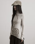 DOINDULGE Asymmetric Ruched High-Neck Long Sleeve Tee
