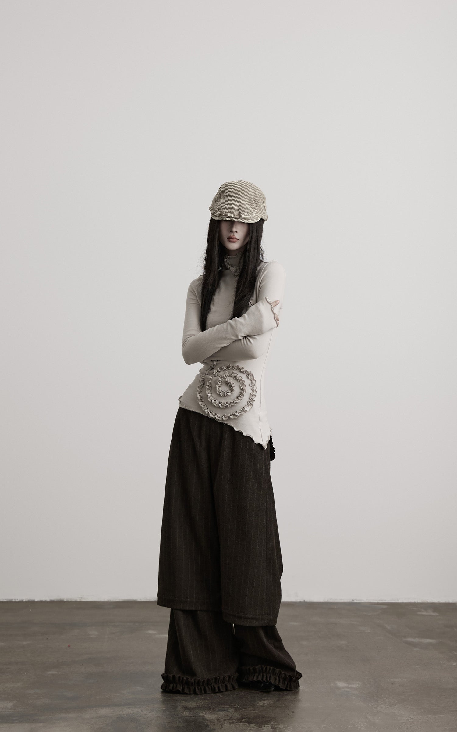 DOINDULGE Asymmetric Ruched High-Neck Long Sleeve Tee