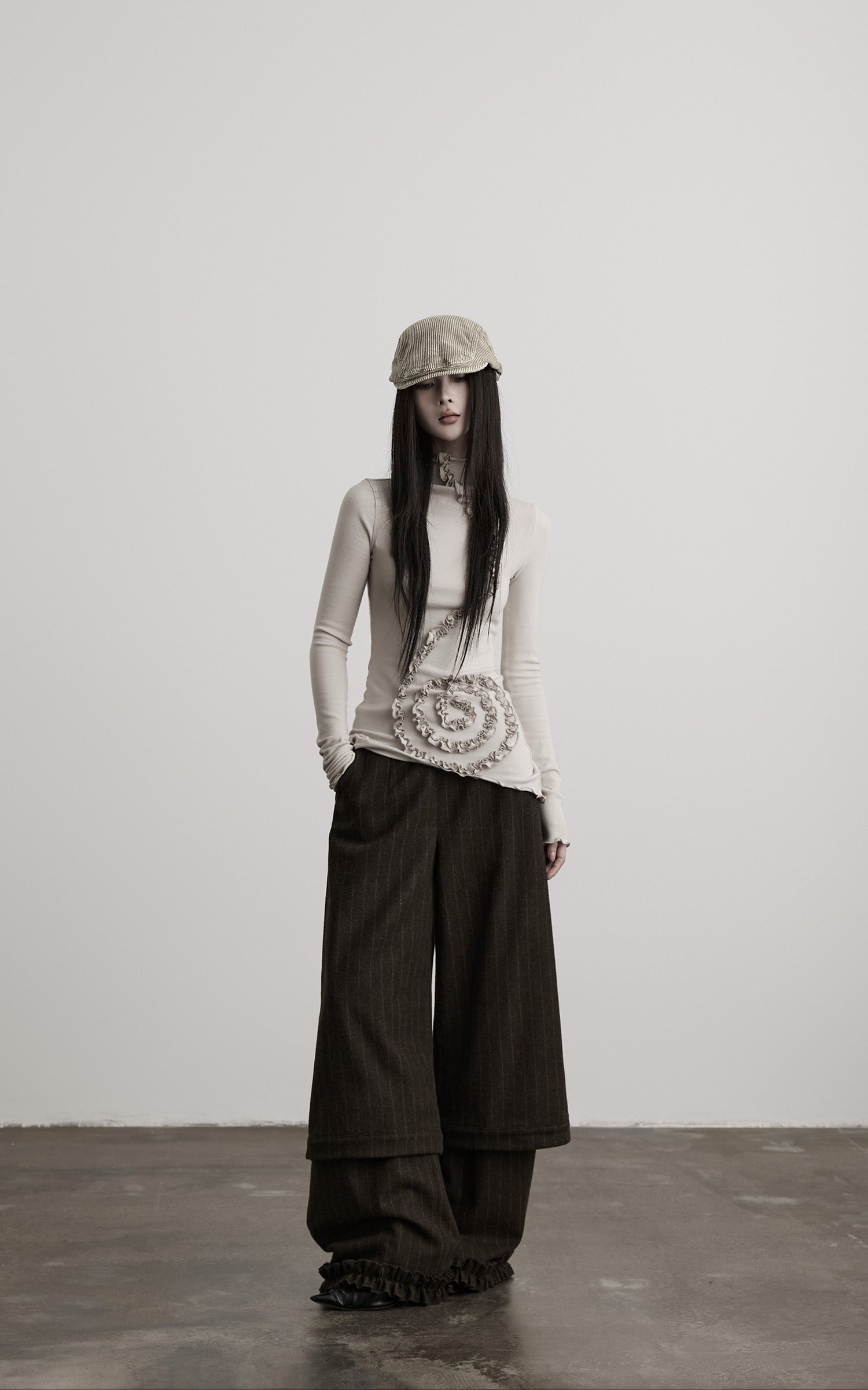 DOINDULGE Asymmetric Ruched High-Neck Long Sleeve Tee