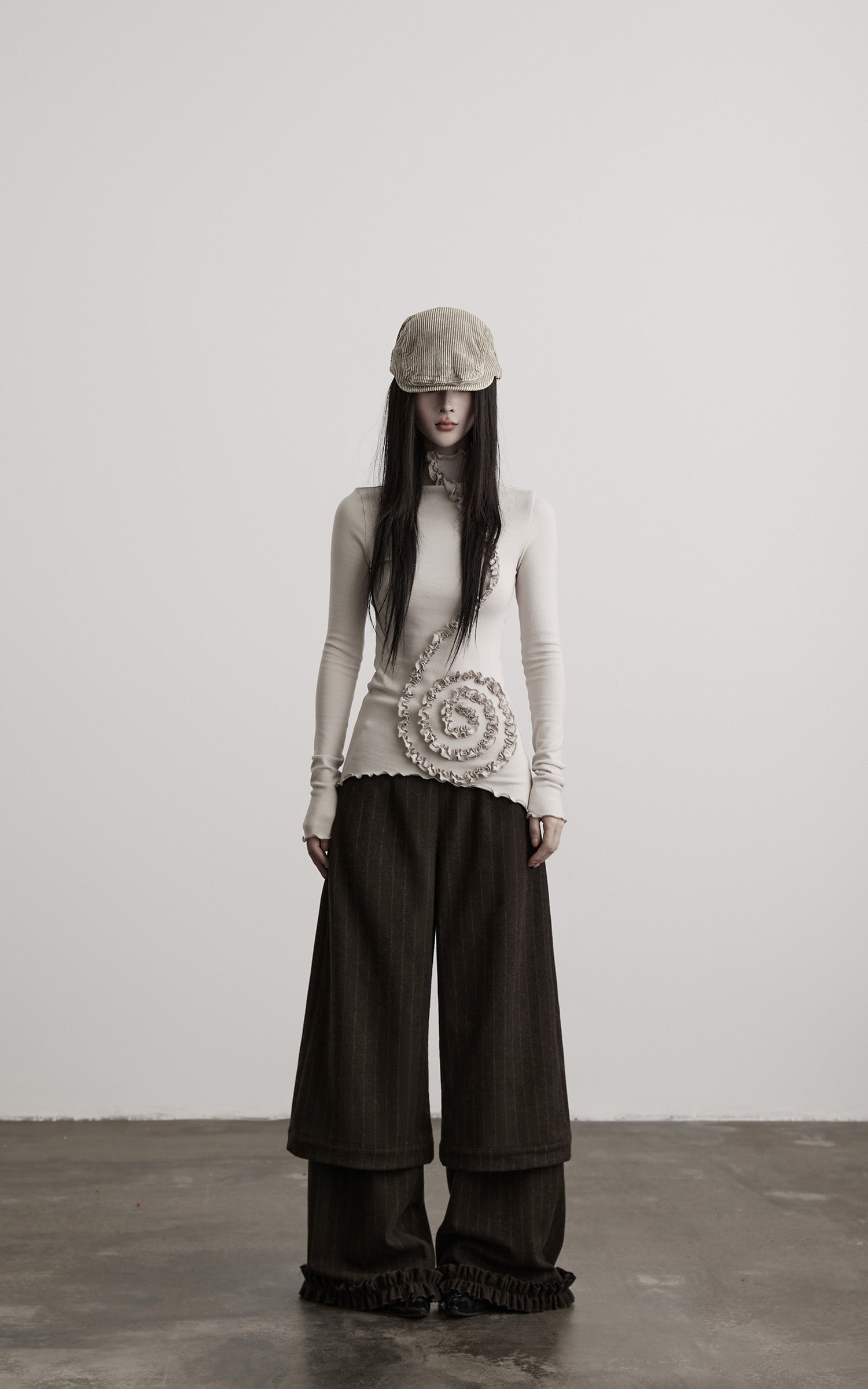 DOINDULGE Asymmetric Ruched High-Neck Long Sleeve Tee