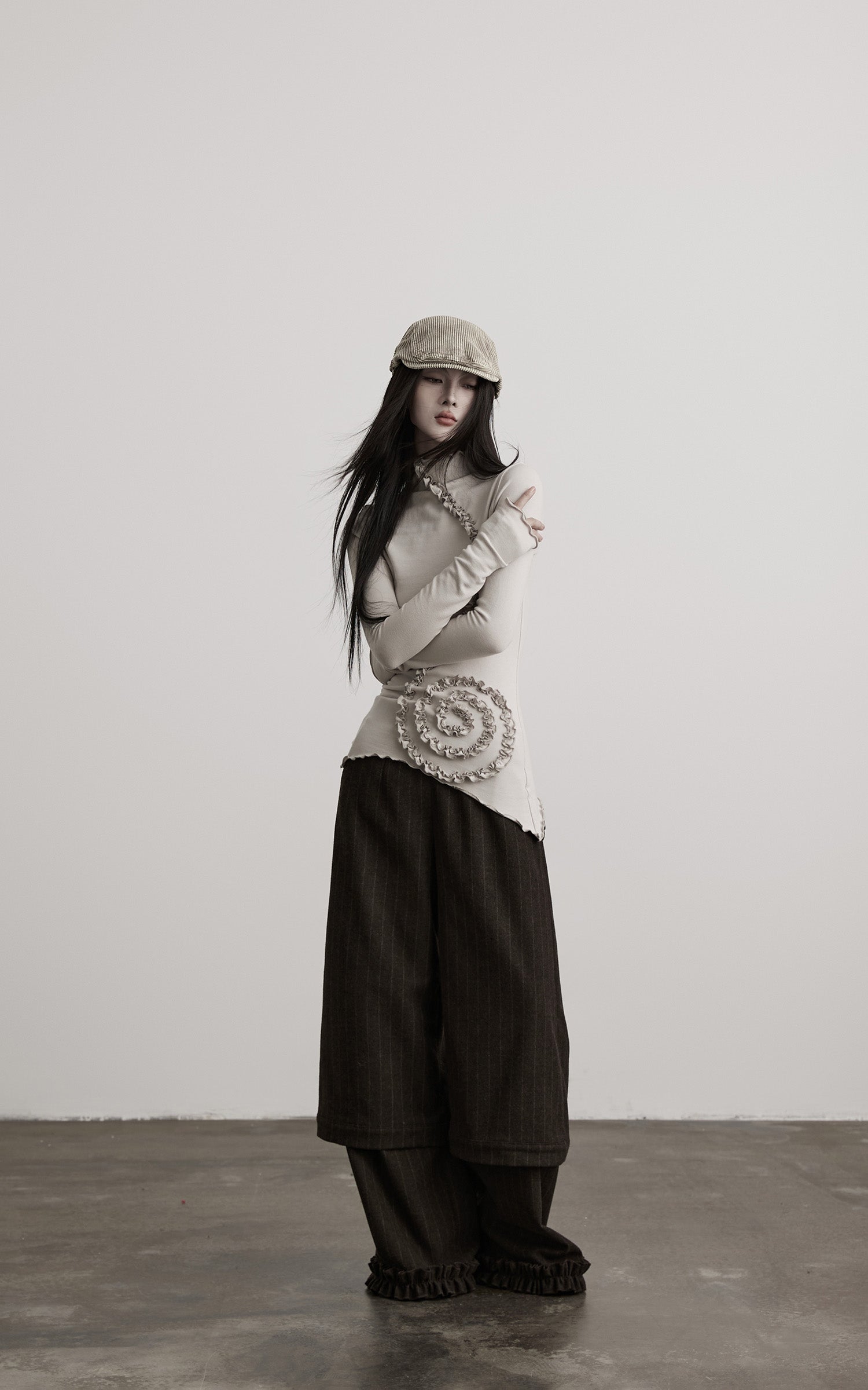 DOINDULGE Asymmetric Ruched High-Neck Long Sleeve Tee