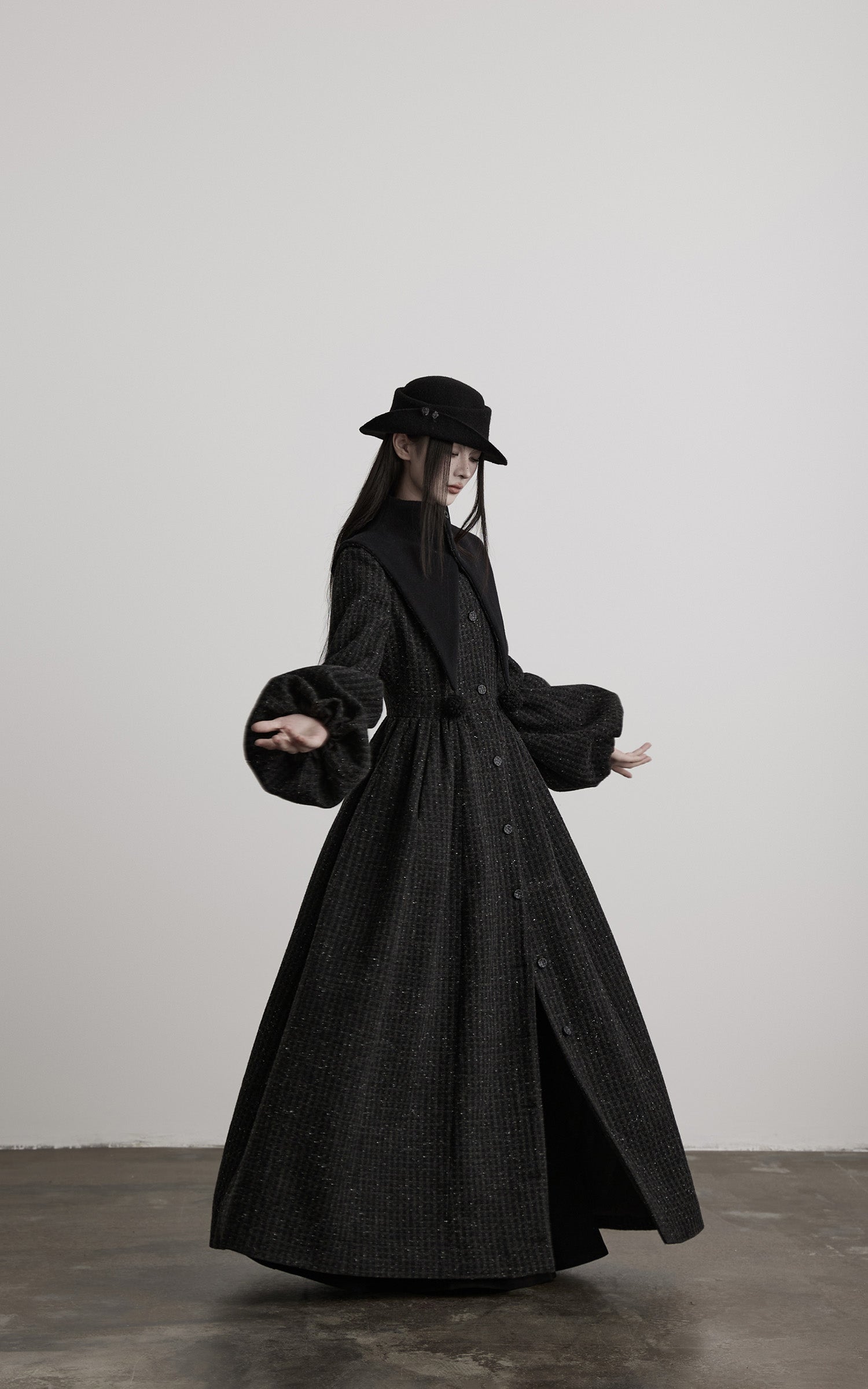 DOINDULGE Deconstructed High-Neck Balloon Sleeve Long Coat