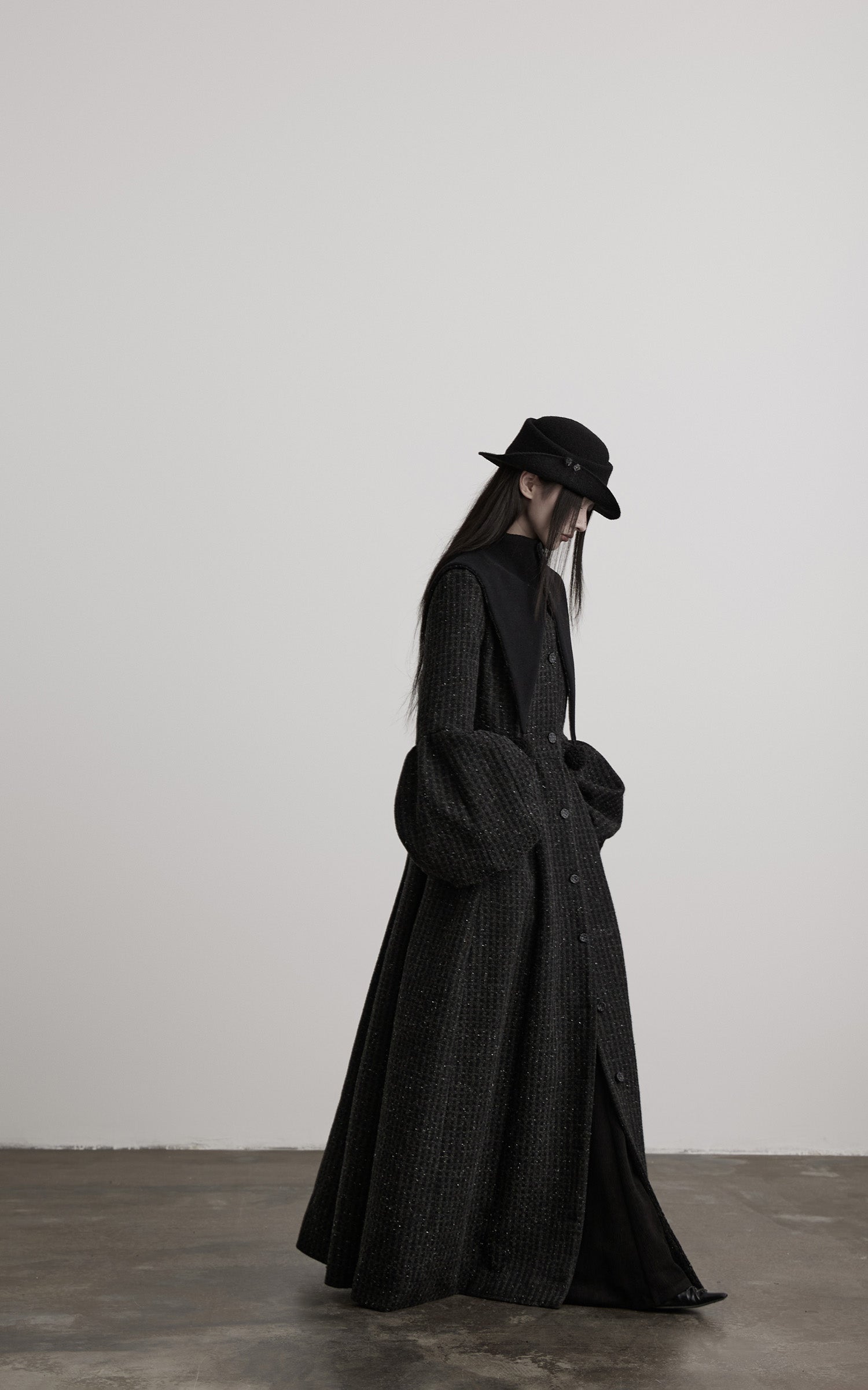 DOINDULGE Deconstructed High-Neck Balloon Sleeve Long Coat