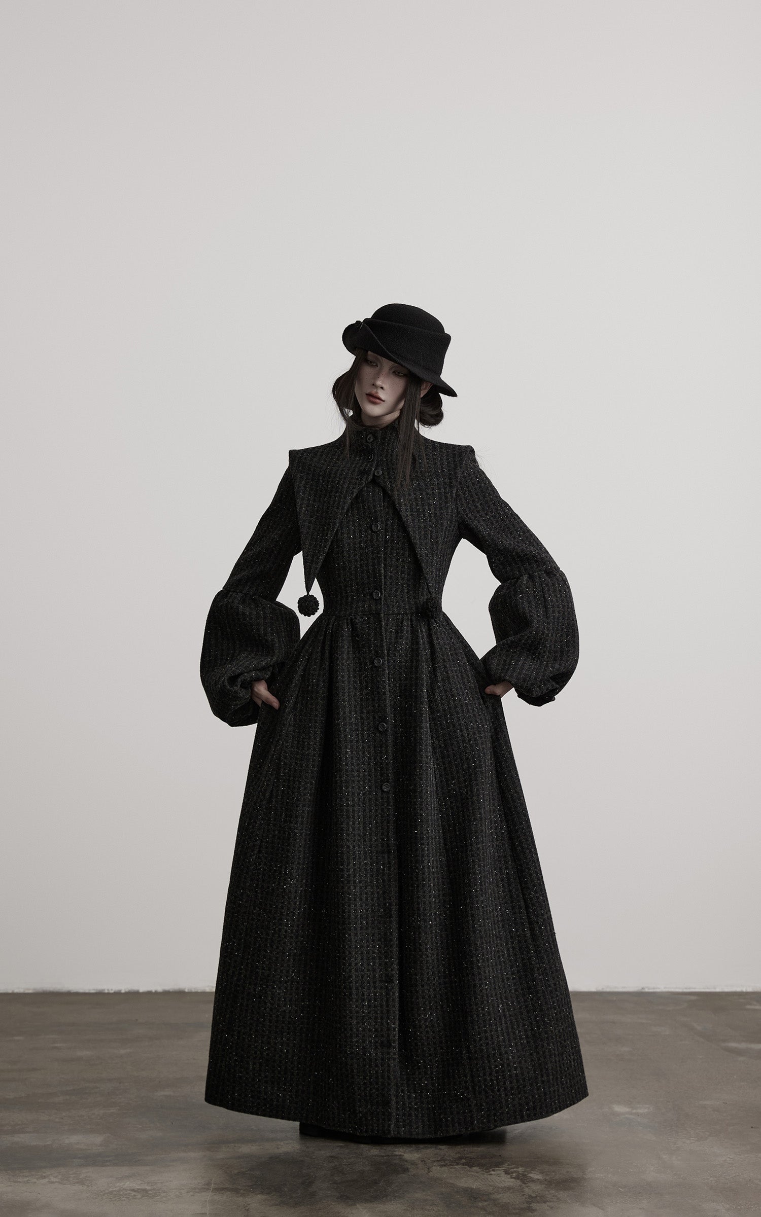 DOINDULGE Deconstructed High-Neck Balloon Sleeve Long Coat
