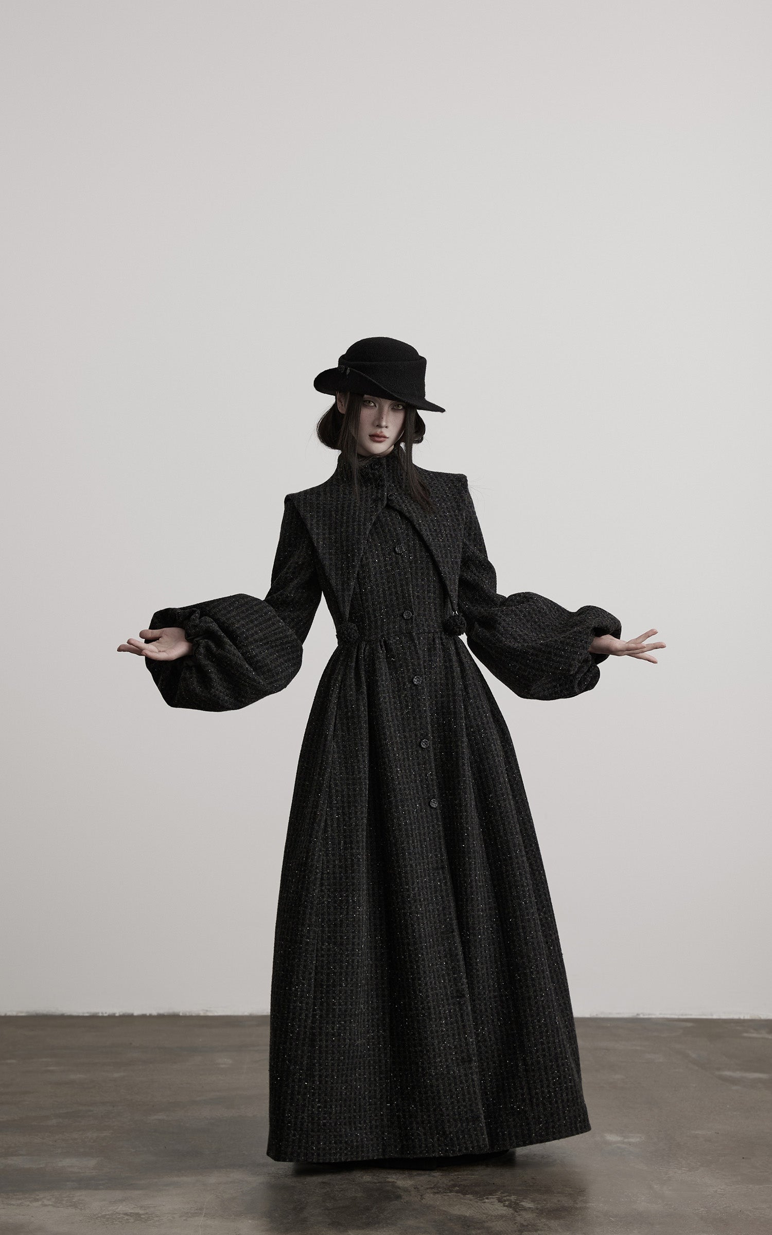 DOINDULGE Deconstructed High-Neck Balloon Sleeve Long Coat