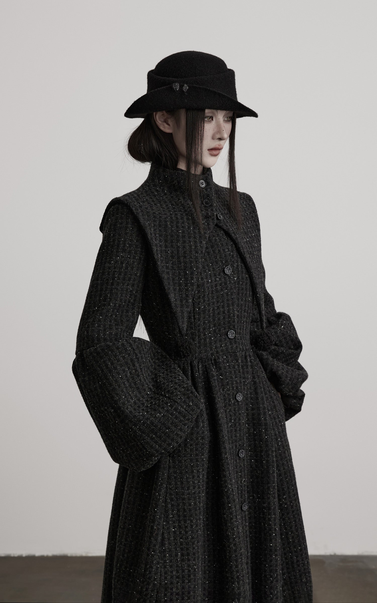 DOINDULGE Deconstructed High-Neck Balloon Sleeve Long Coat