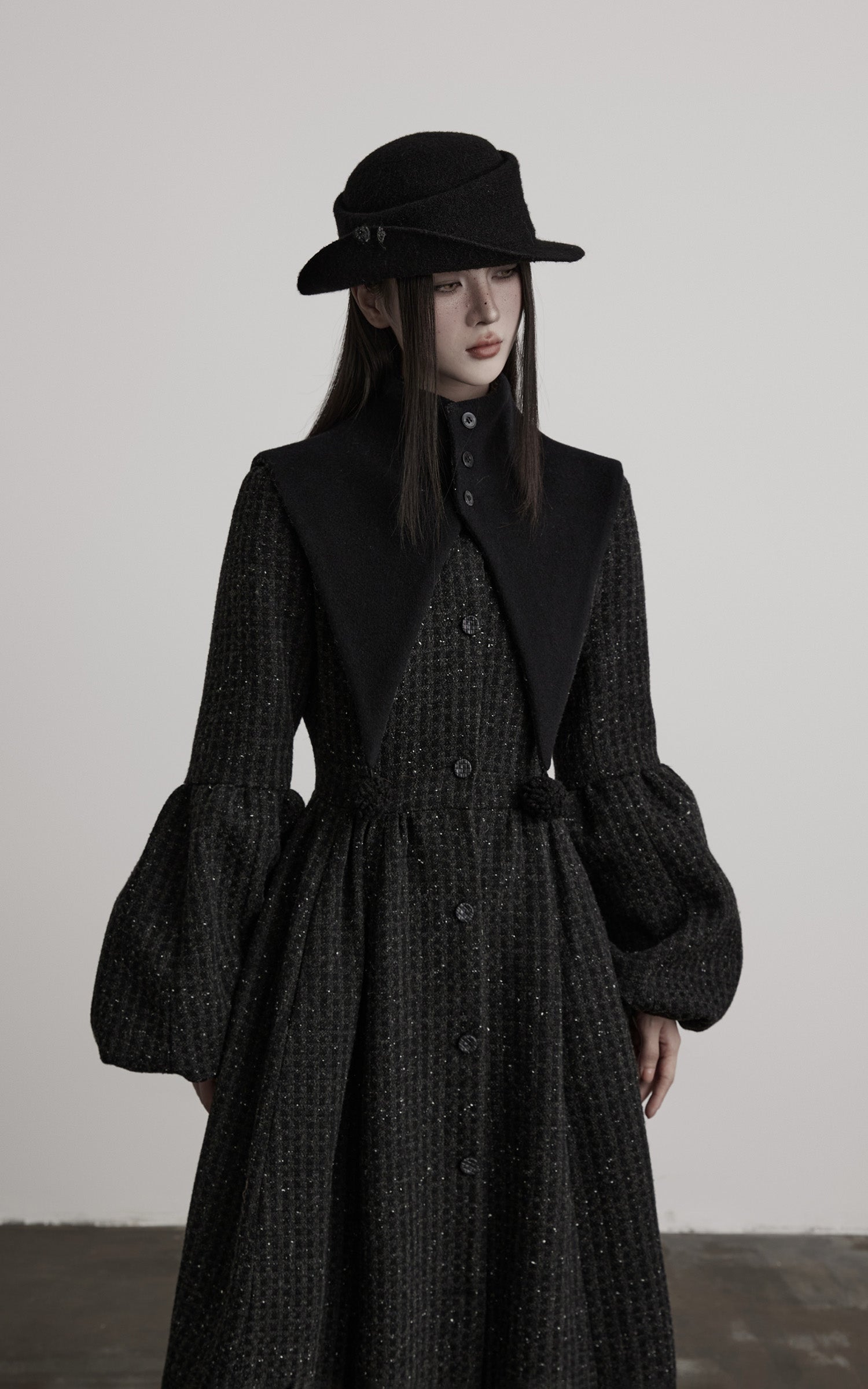DOINDULGE Deconstructed High-Neck Balloon Sleeve Long Coat
