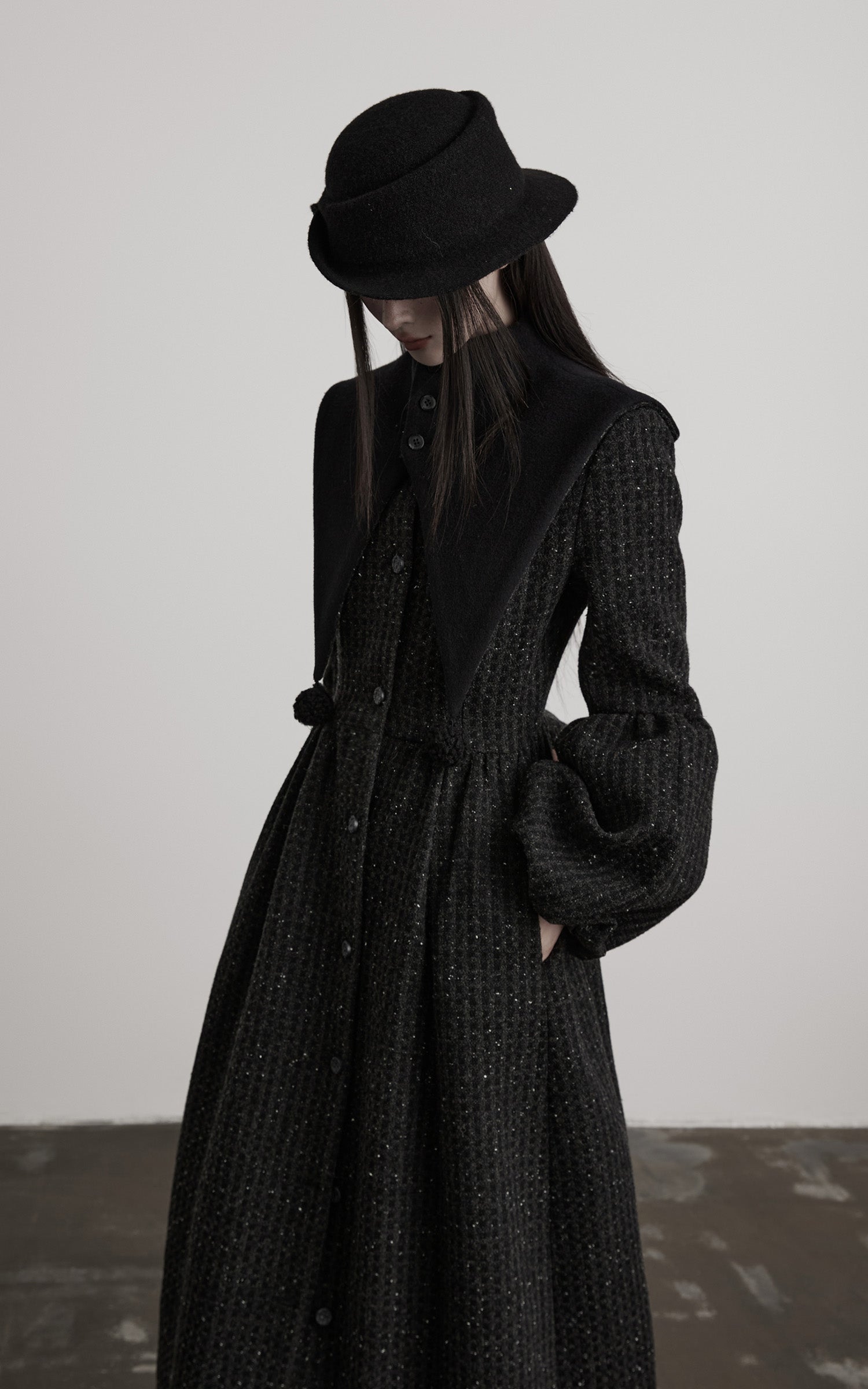 DOINDULGE Deconstructed High-Neck Balloon Sleeve Long Coat