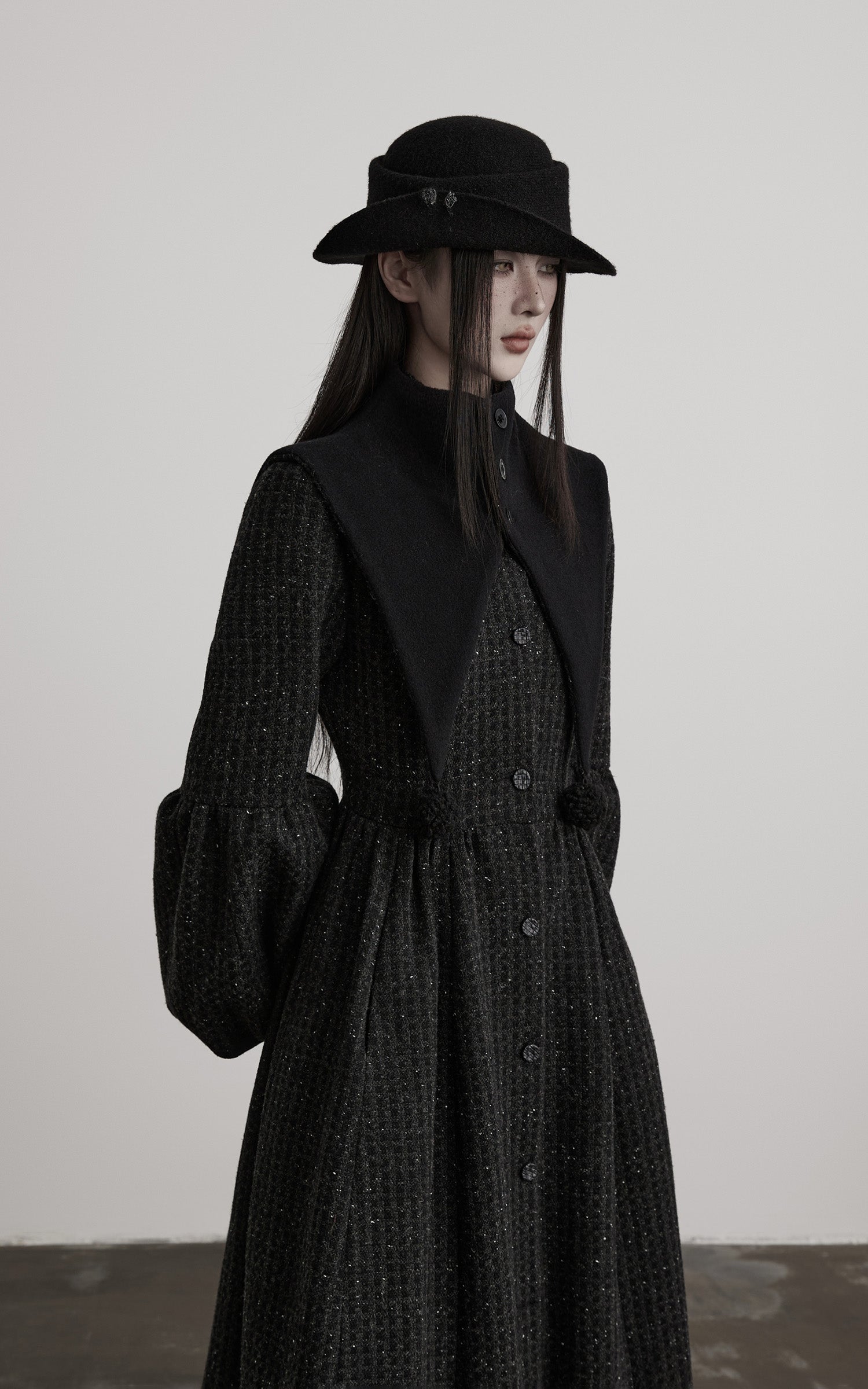 DOINDULGE Deconstructed High-Neck Balloon Sleeve Long Coat