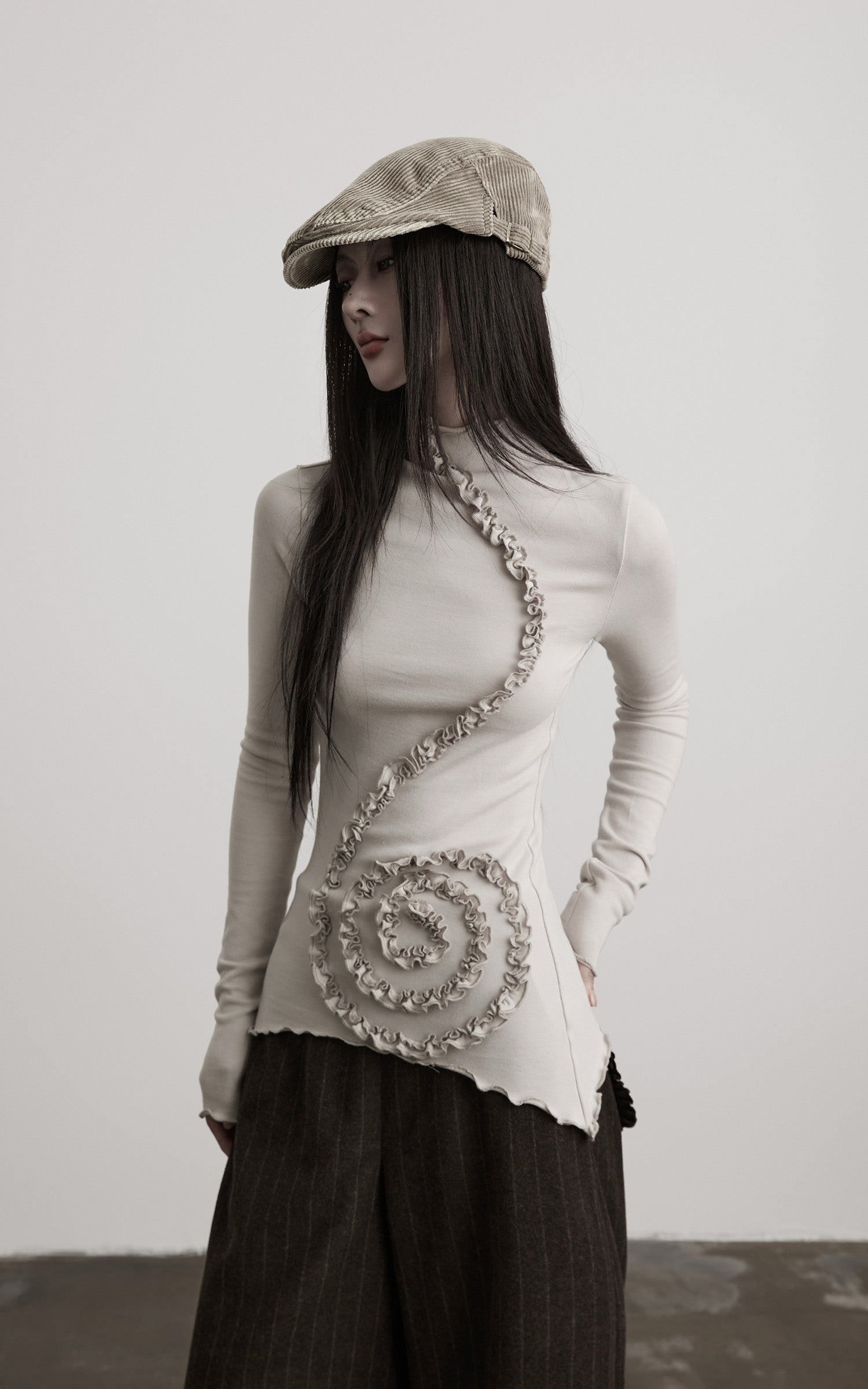 DOINDULGE Asymmetric Ruched High-Neck Long Sleeve Tee