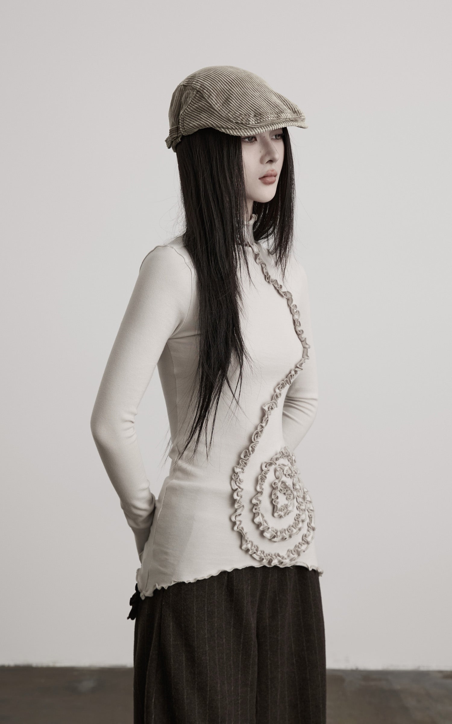 DOINDULGE Asymmetric Ruched High-Neck Long Sleeve Tee