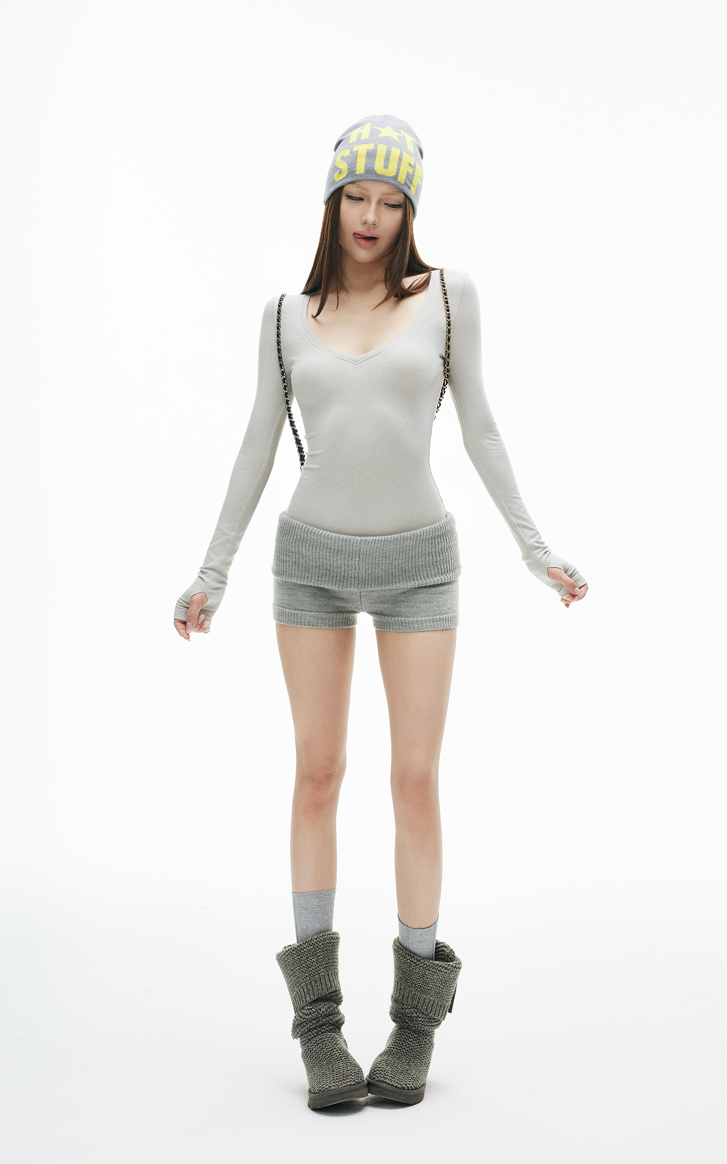 IAMXIAA Haut ajusté à manches longues et col en V