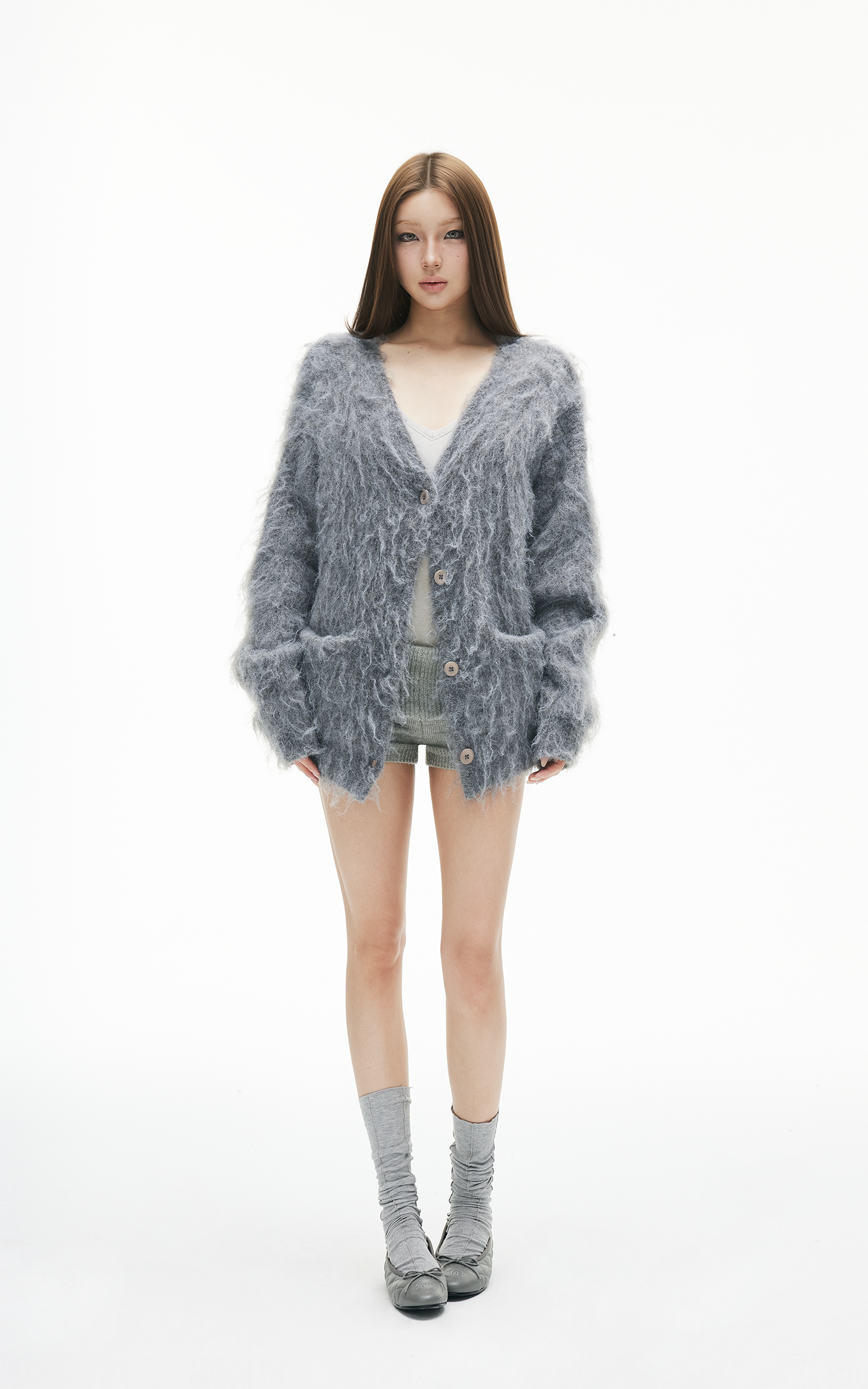 Cardigan boutonné en maille duveteuse