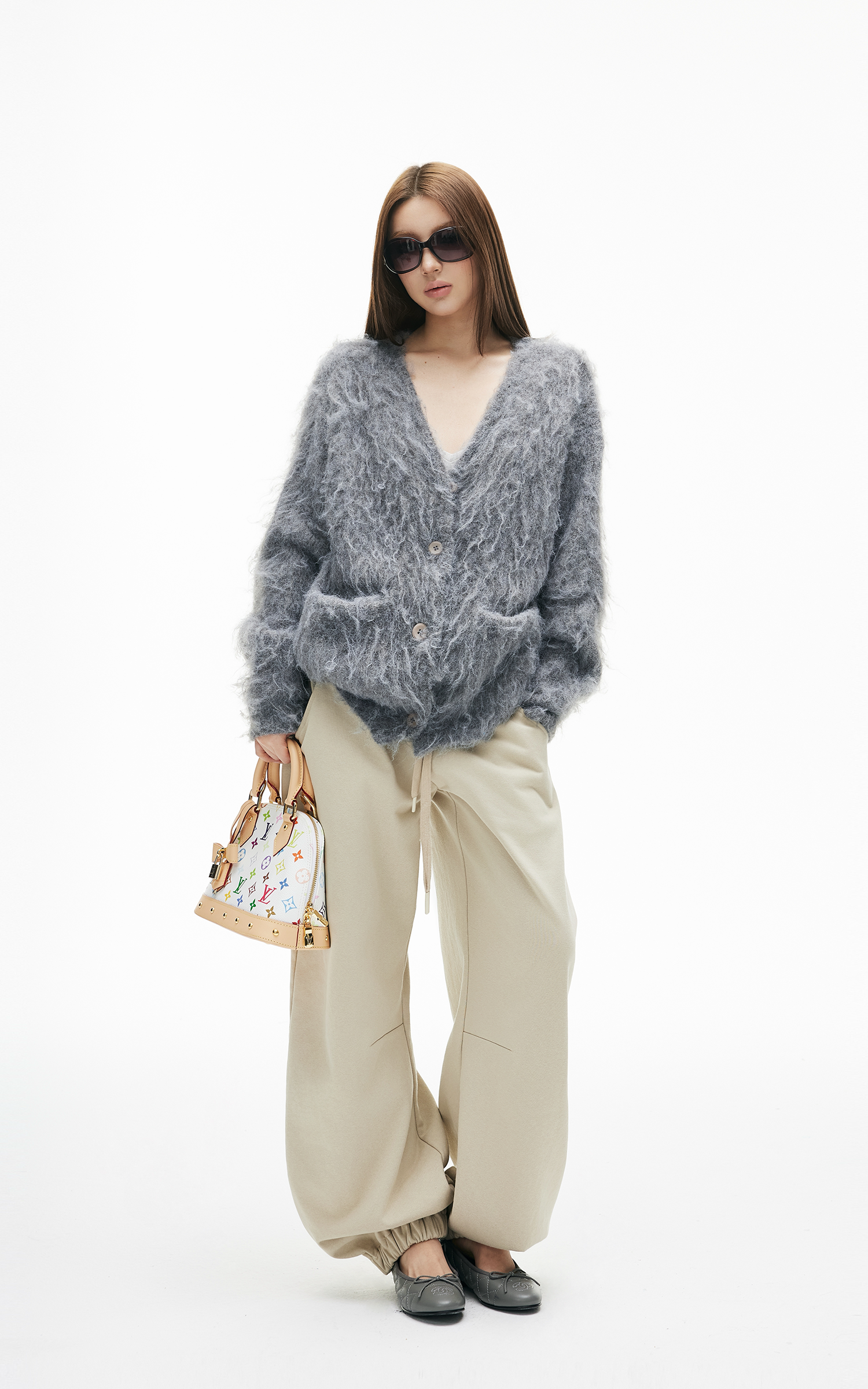 Cardigan boutonné en maille duveteuse