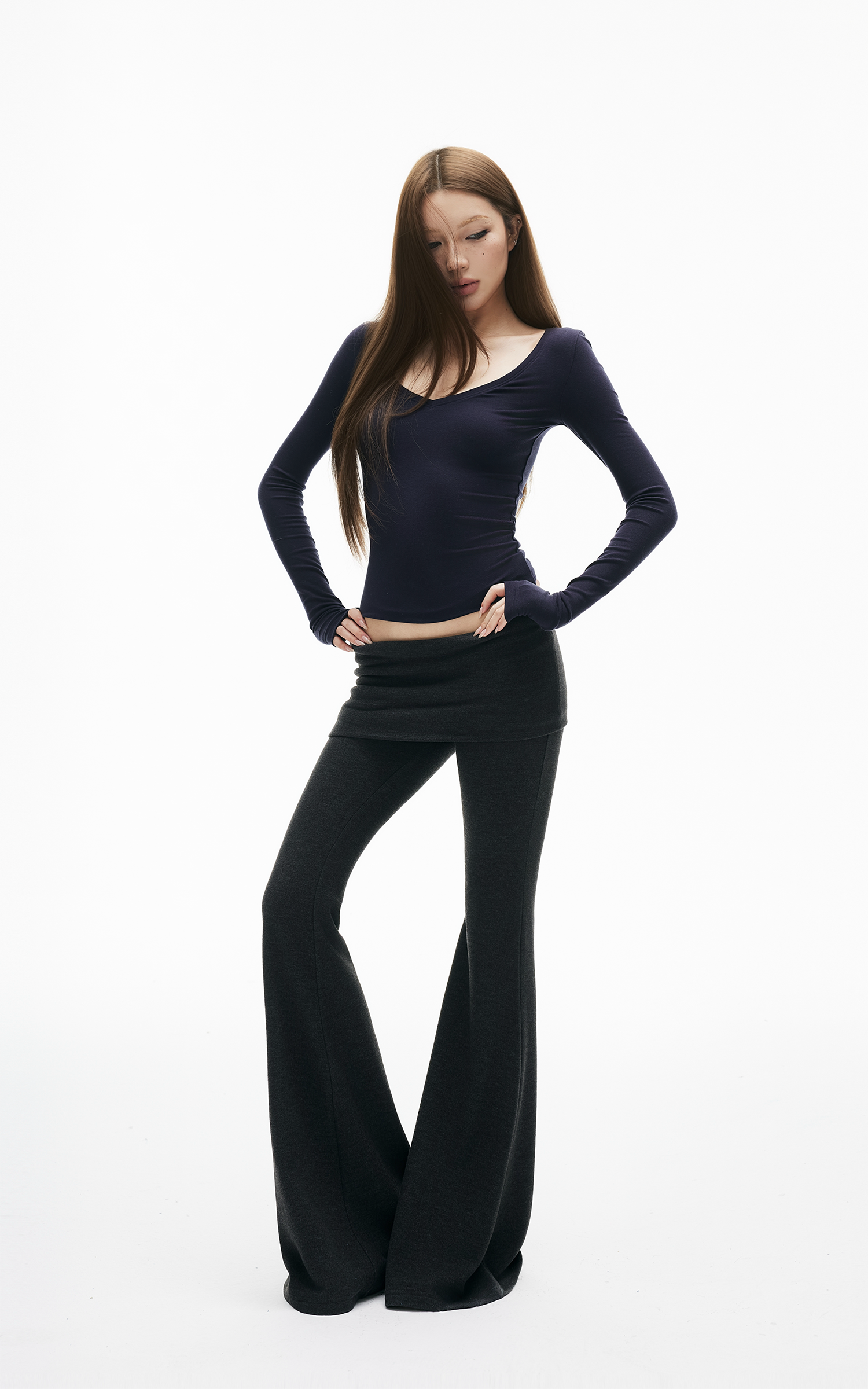 IAMXIAA Haut ajusté à manches longues et col en V