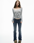 IAMXIAA Drawstring Ribbed Knit Long Sleeve Top