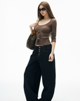 IAMXIAA Drawstring Ribbed Knit Long Sleeve Top