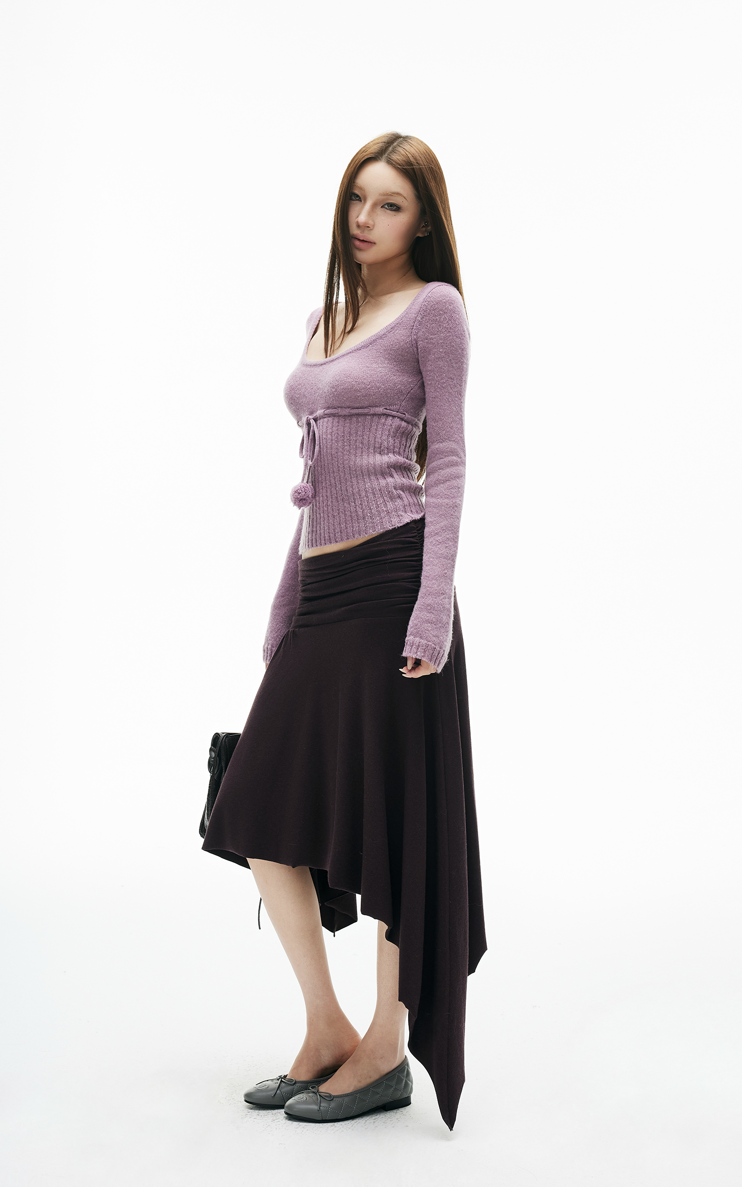 IAMXIAA Drawstring Ribbed Knit Long Sleeve Top