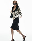 IAMXIAA Zebra Pattern Faux Fur Collar Knit Cardigan