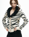 IAMXIAA Zebra Pattern Faux Fur Collar Knit Cardigan