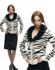 IAMXIAA Zebra Pattern Faux Fur Collar Knit Cardigan
