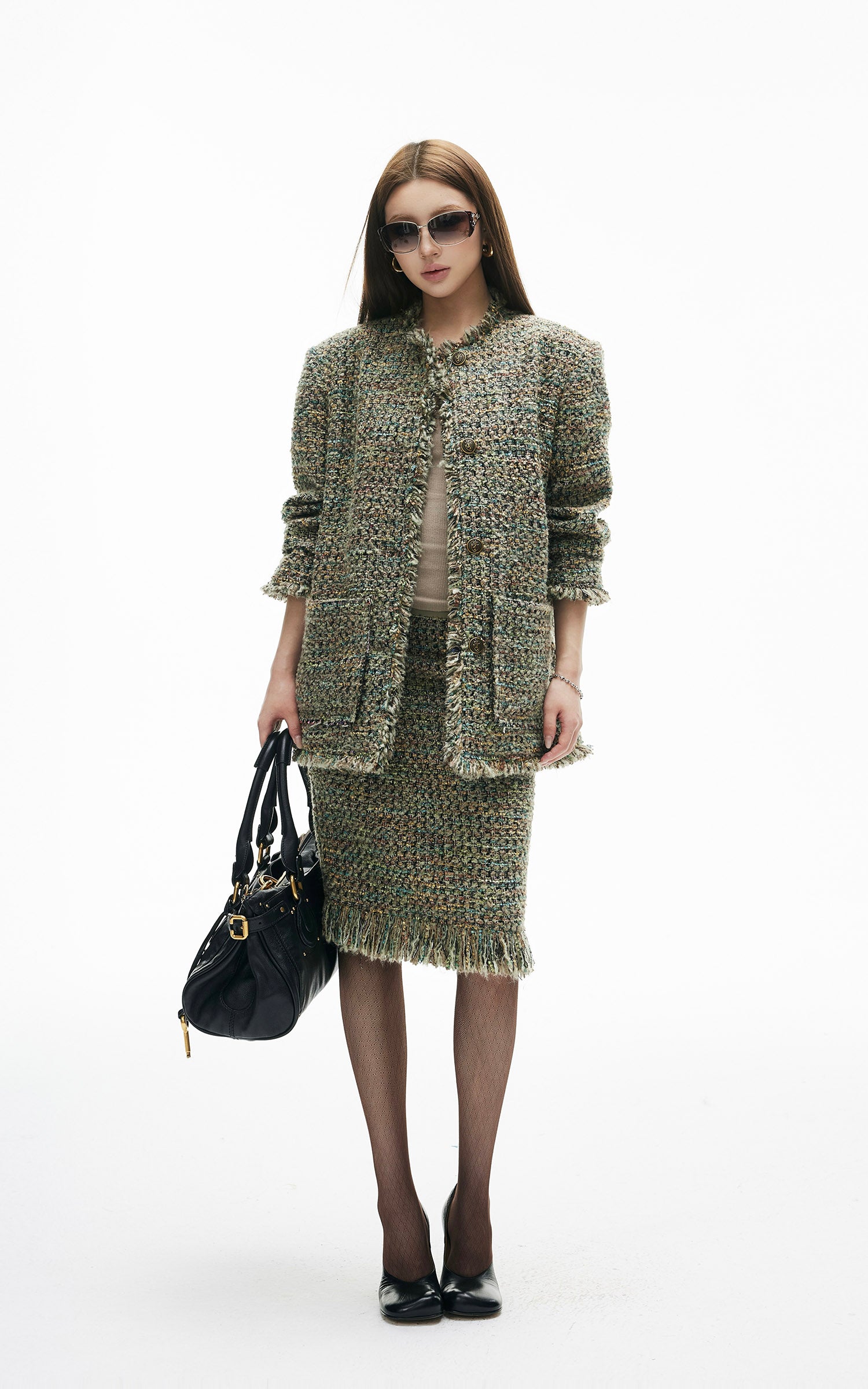 IAMXIAA Textured Tweed Jacket and Skirt Set