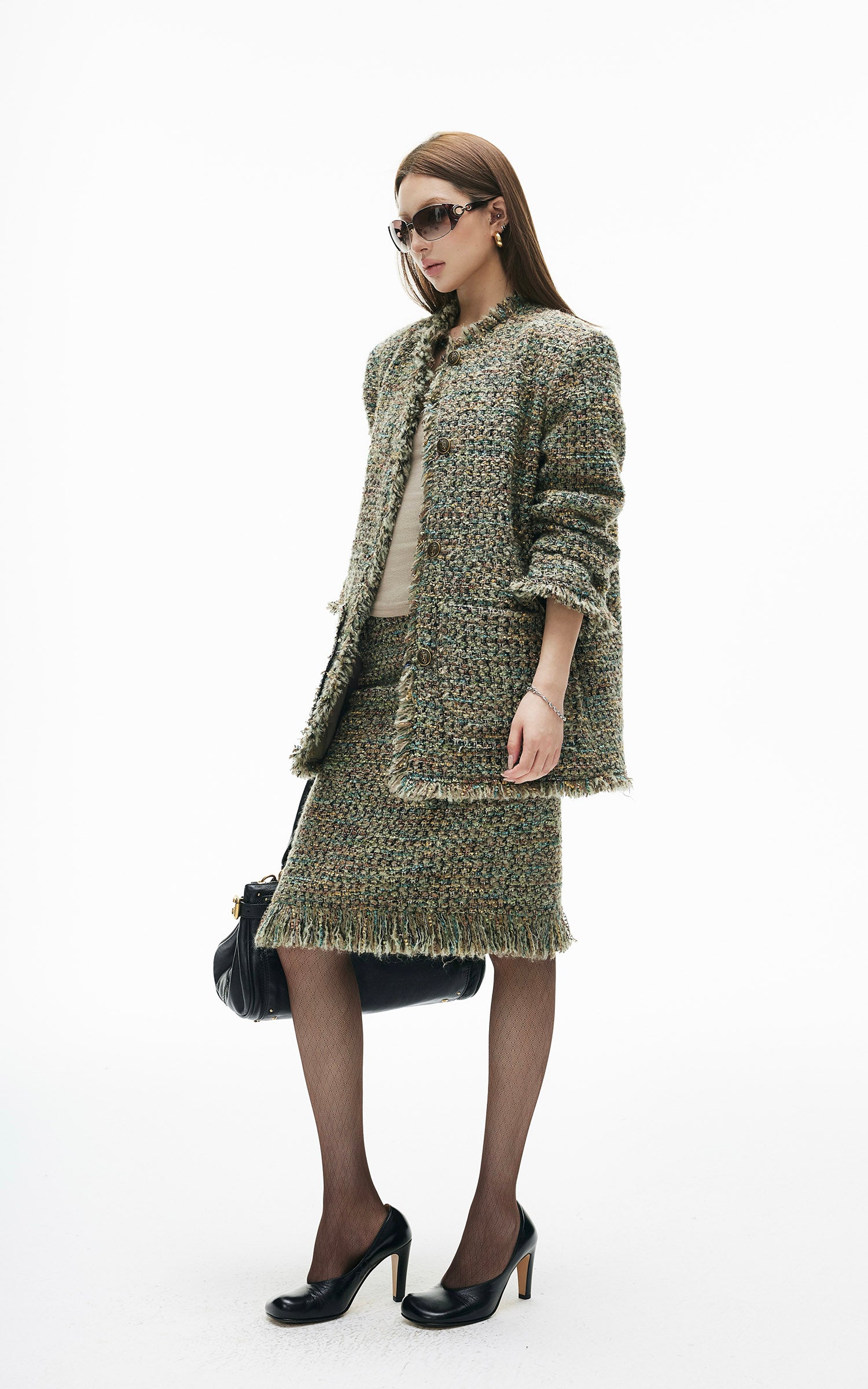 IAMXIAA Textured Tweed Jacket and Skirt Set